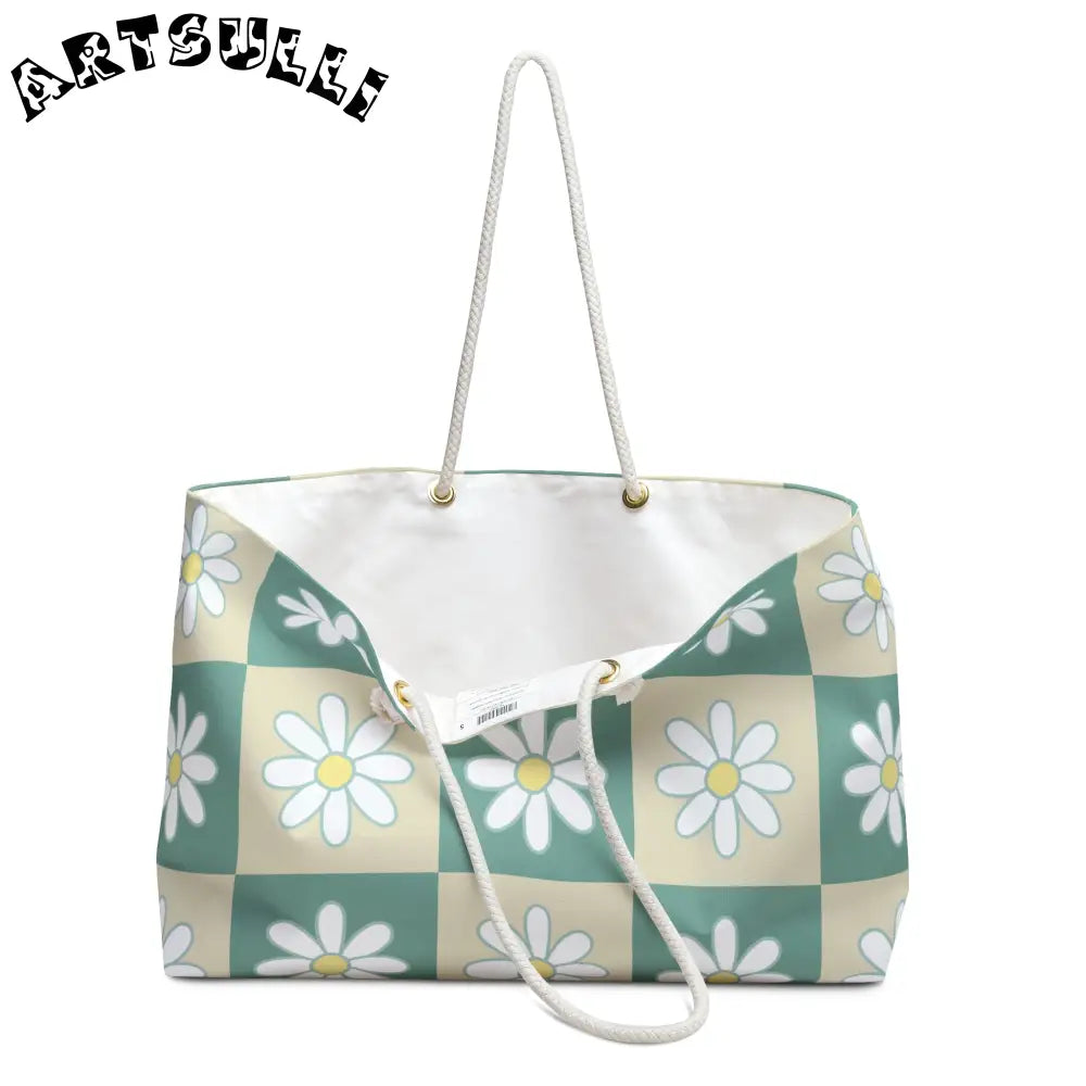 JAKKOUTTHEBXX Retro Daisy Checkerboard Green and Tan Weekender Bag