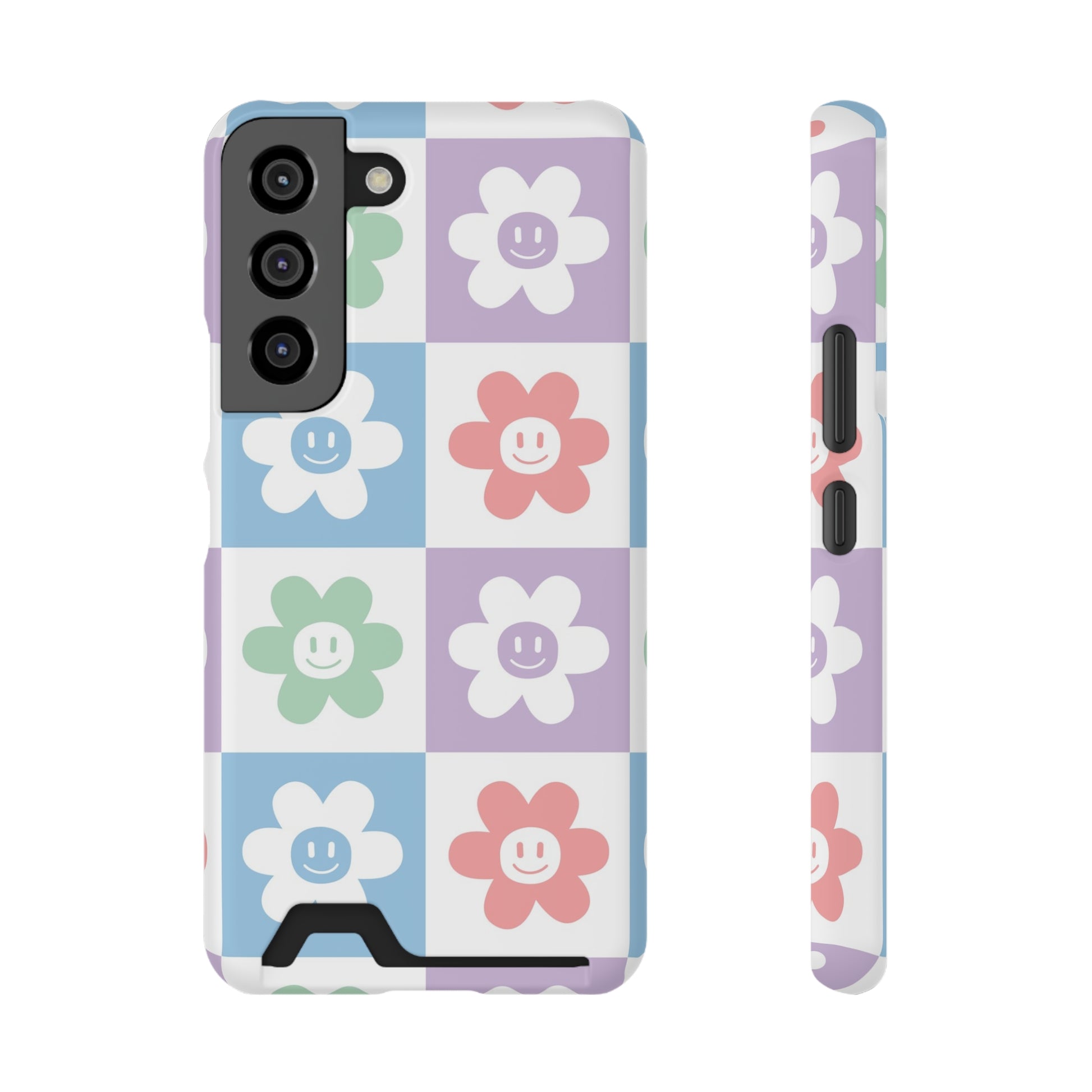Chessboard x Smiley Face Flowers Multi-Color Phone Case With Card Holder, Artsulli - Art is Long, Life is Short, Phone Case, Size, Samsung Galaxy S22, Surface, Matte, Shape, With gift packaging, 54250493403697218934