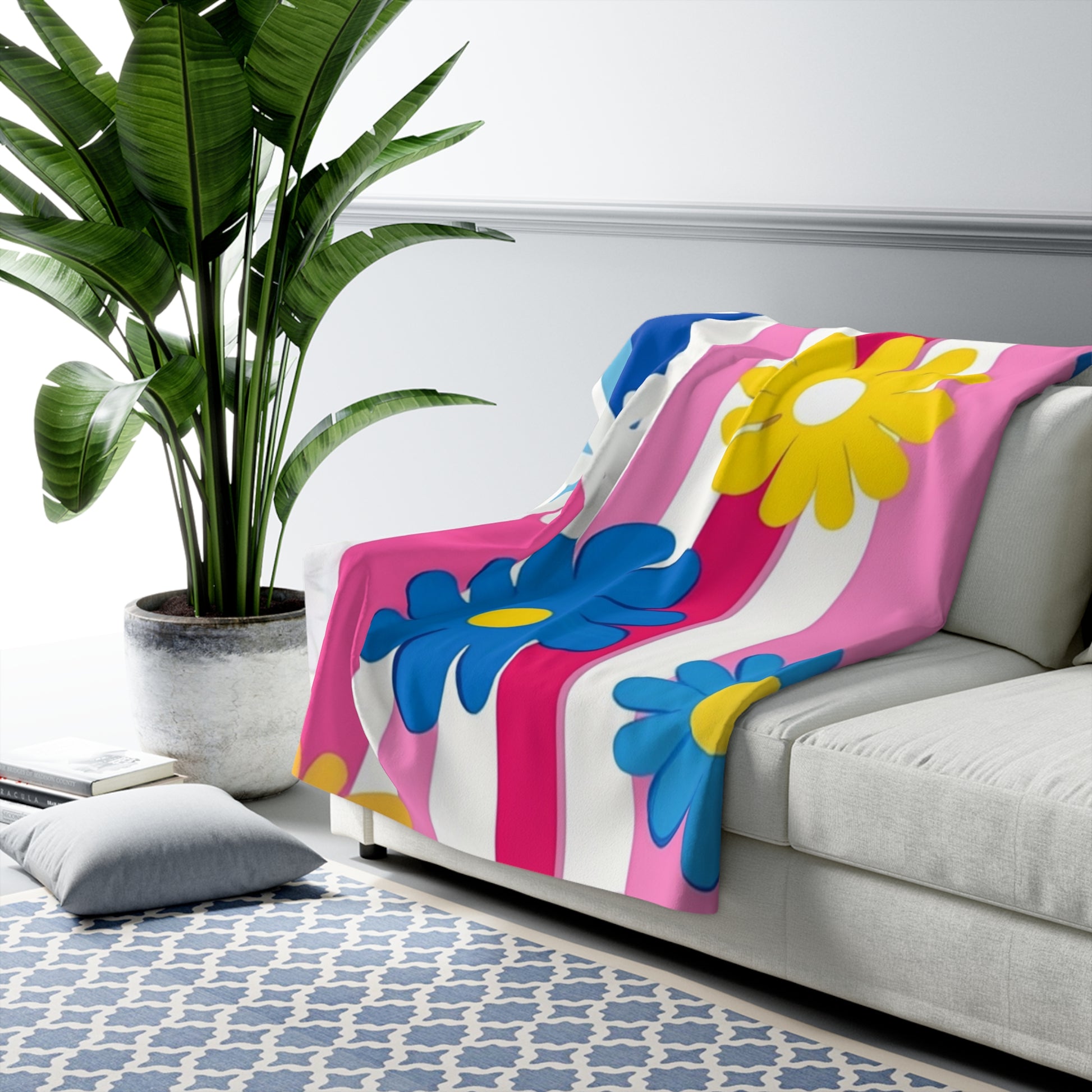 Flowers x Stripes Multi-Color Sherpa Fleece Blanket, Artsulli - Art is Long, Life is Short, Home Decor, , , , , , , 