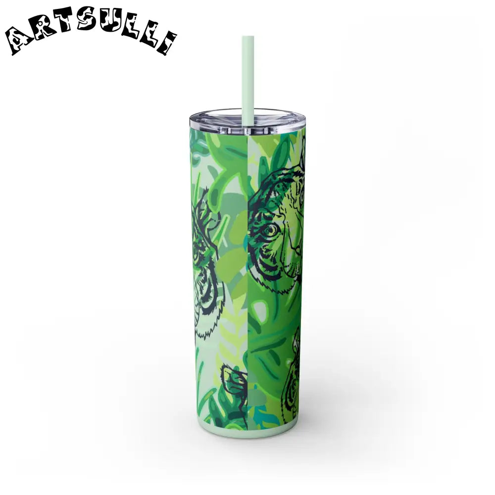 JAKKOUTTHEBXX Tropical Jungle Tigers Green Skinny Tumbler with Straw