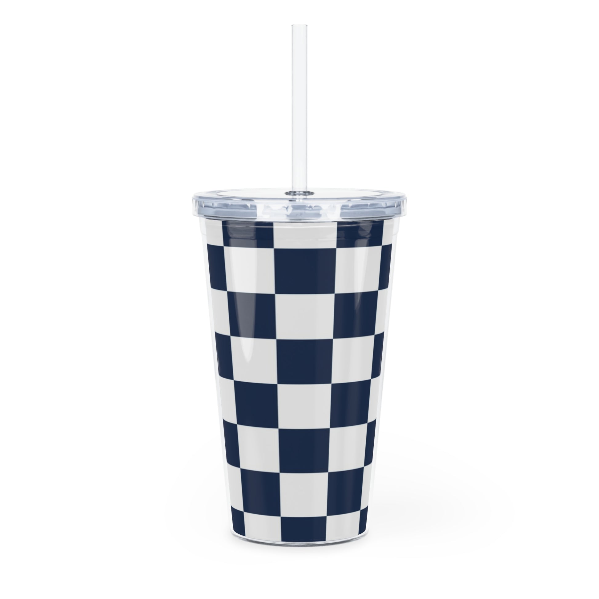 Checkerboard White and Navy Blue Plastic Tumbler with Straw, Artsulli - Art is Long, Life is Short, Mug, , , , , , , 