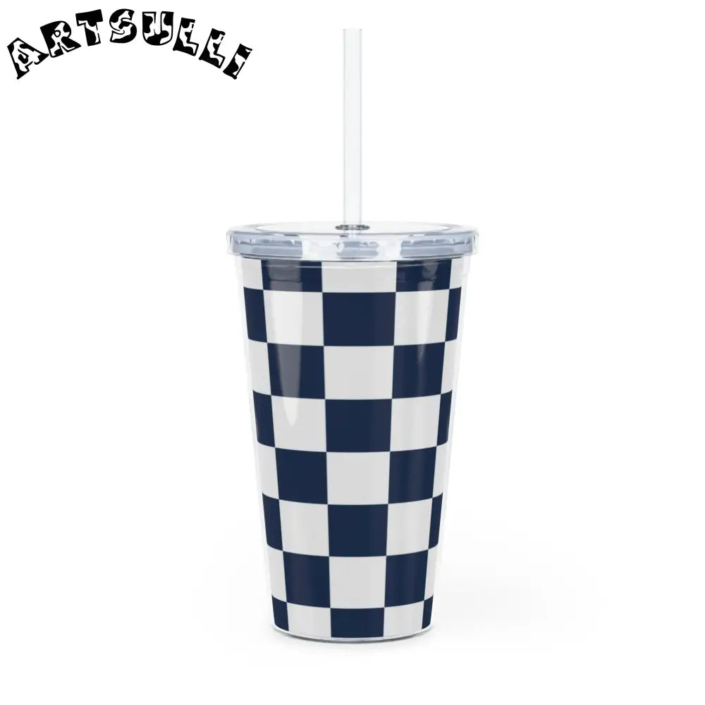 JAKKOUTTHEBXX Checkerboard White and Navy Blue Plastic Tumbler