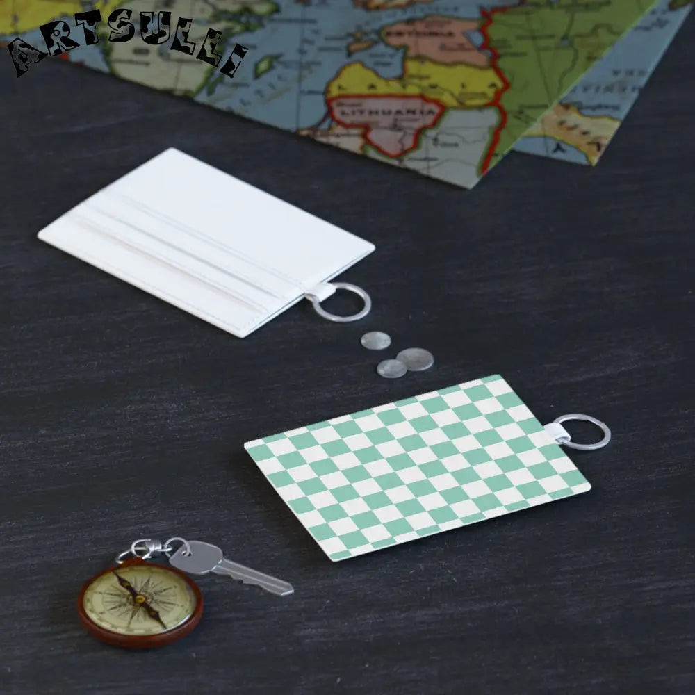 JAKKOUTTHEBXX Checkerboard Light Green Saffiano Leather Card Holder