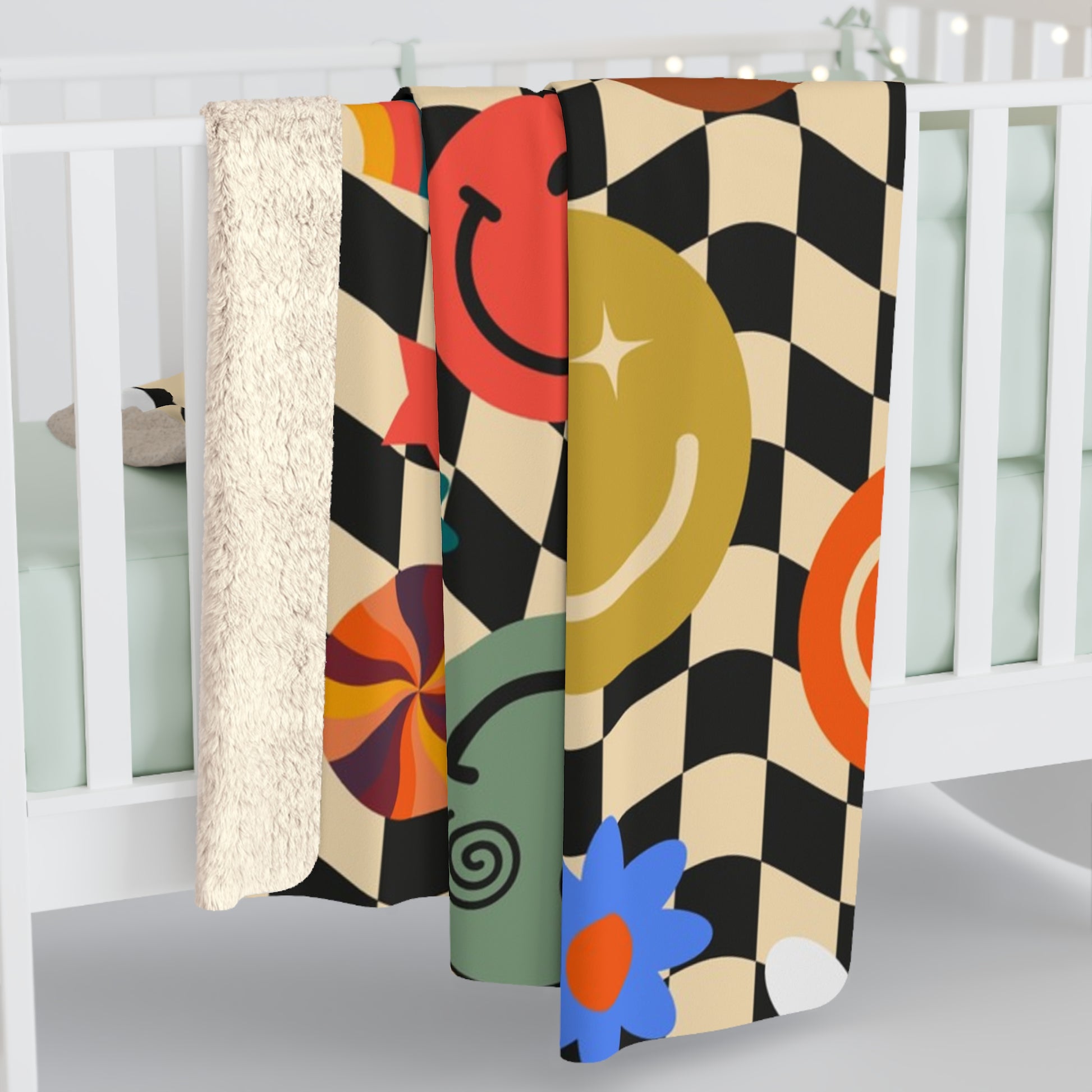 Trippy x Wavy Checkerboard x Smiley Face x Rainbow x Flowers Multi-Color Sherpa Fleece Blanket, Artsulli - Art is Long, Life is Short, Home Decor, , , , , , , 
