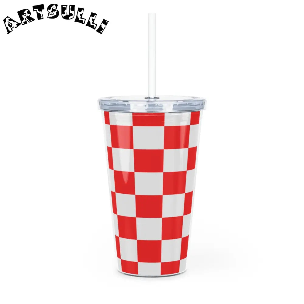 JAKKOUTTHEBXX Checkerboard Red and White Plastic Tumbler with Straw