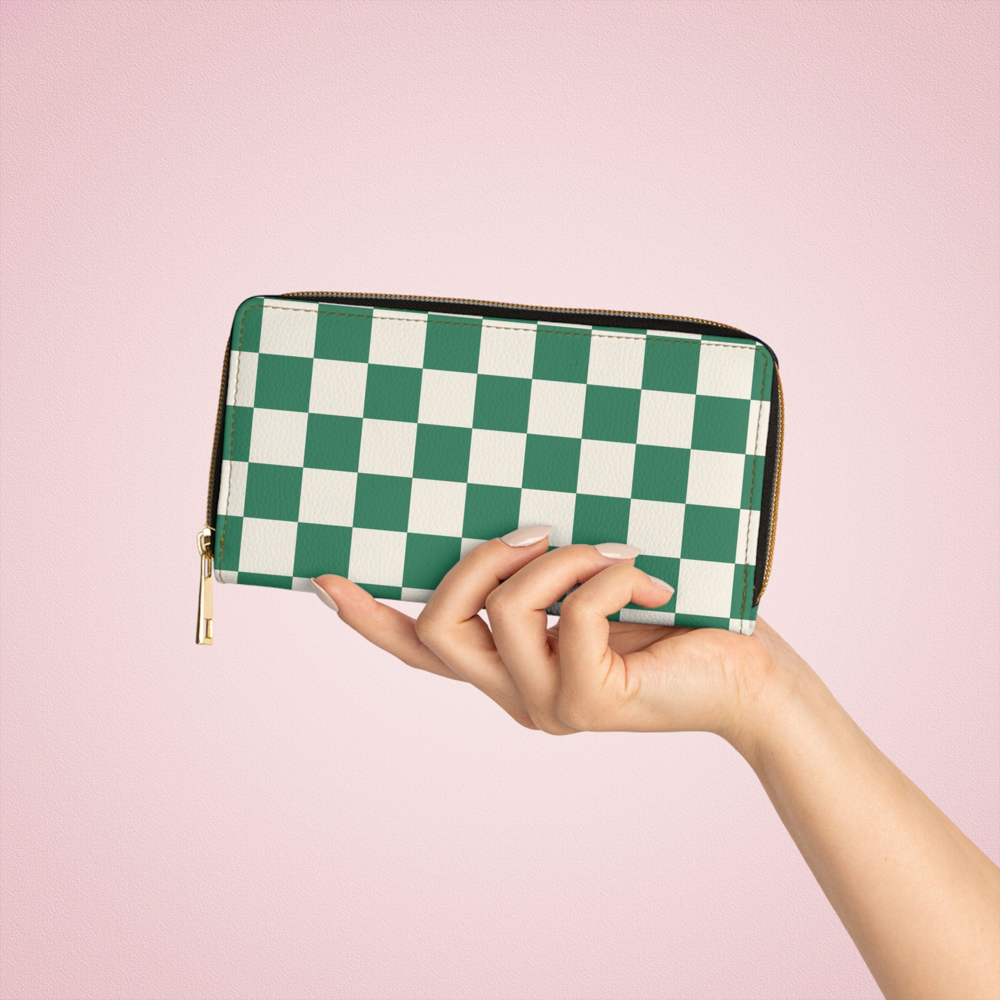 Checkerboard Dark Green Zipper Wallet, Artsulli - Art is Long, Life is Short, Accessories, , , , , , , 
