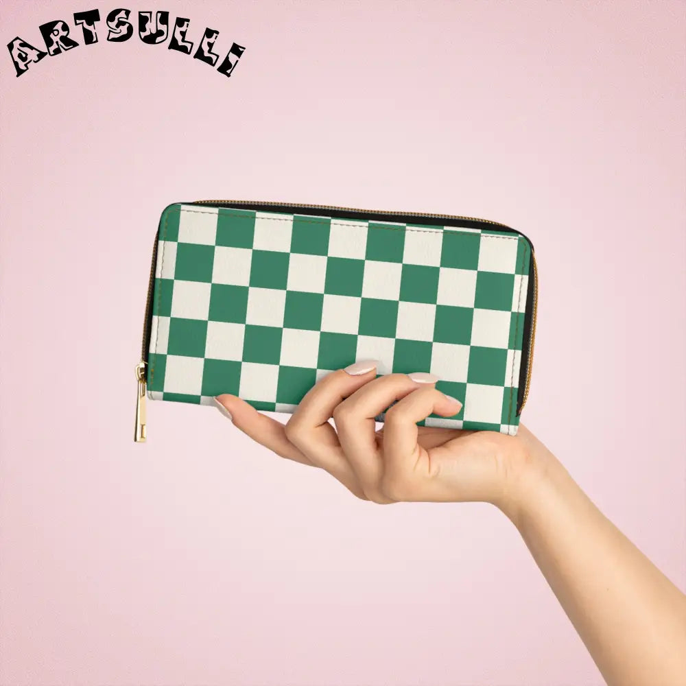 JAKKOUTTHEBXX Checkerboard Dark Green Zipper Wallet JAKKOUTTHEBXX