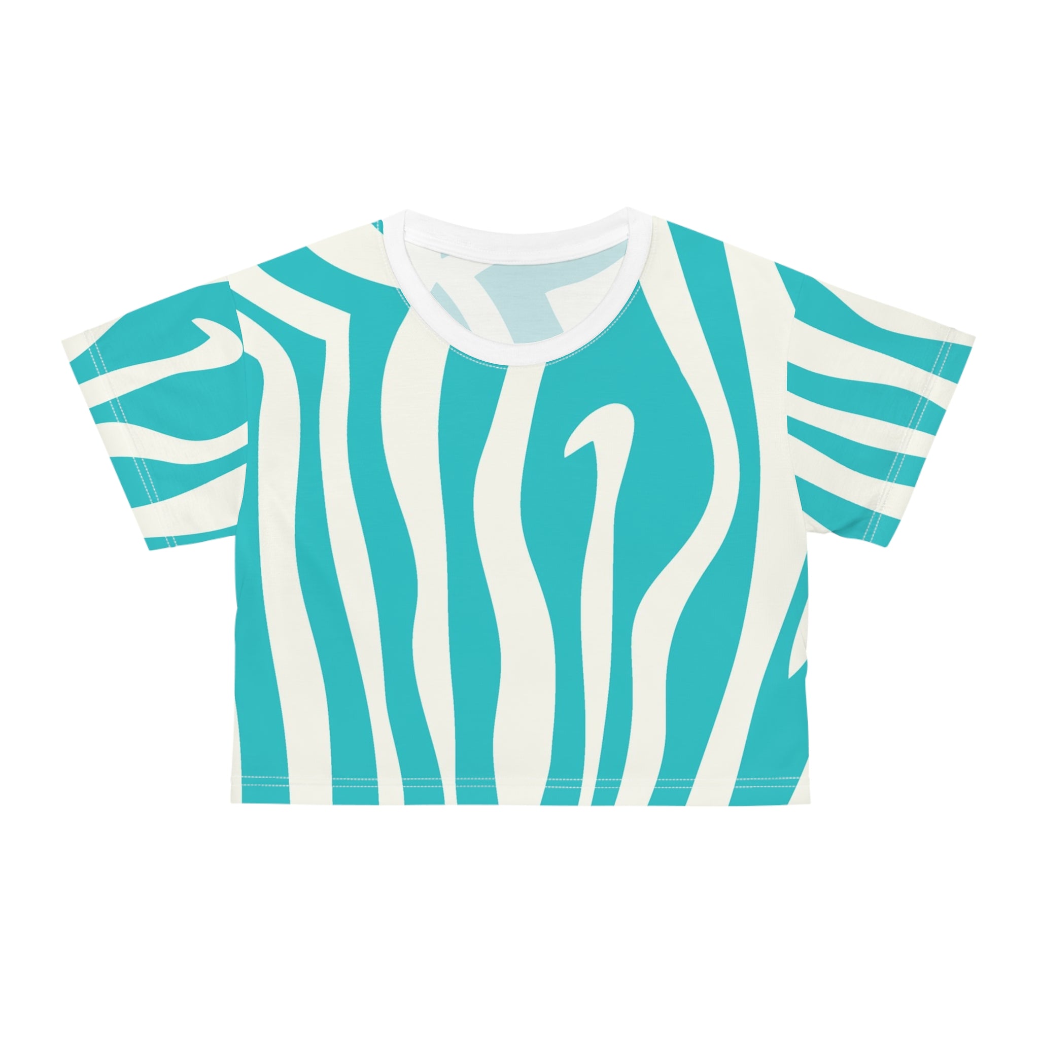 Melting Zebra Stripes Turquoise and White Crop Tee (AOP), Artsulli - Art is Long, Life is Short, All Over Prints, Color, White stitching, Size, XS, , , 73015897764650