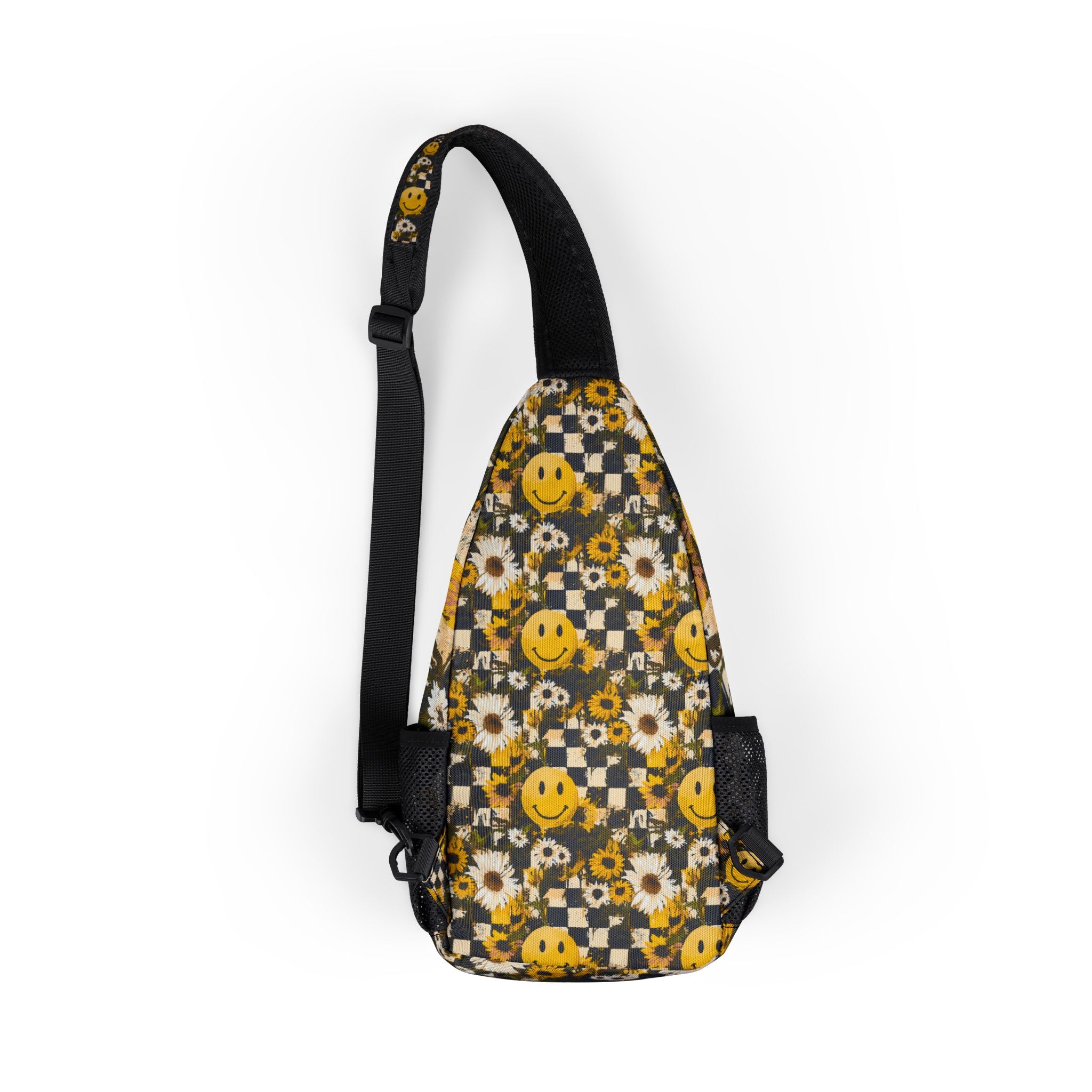 Smiley Face x Checkerboard x Sunflowers x Trippy x Vintage Black and Yellow Chest Bag (AOP), Artsulli - Art is Long, Life is Short, Bags, , , , , , , 
