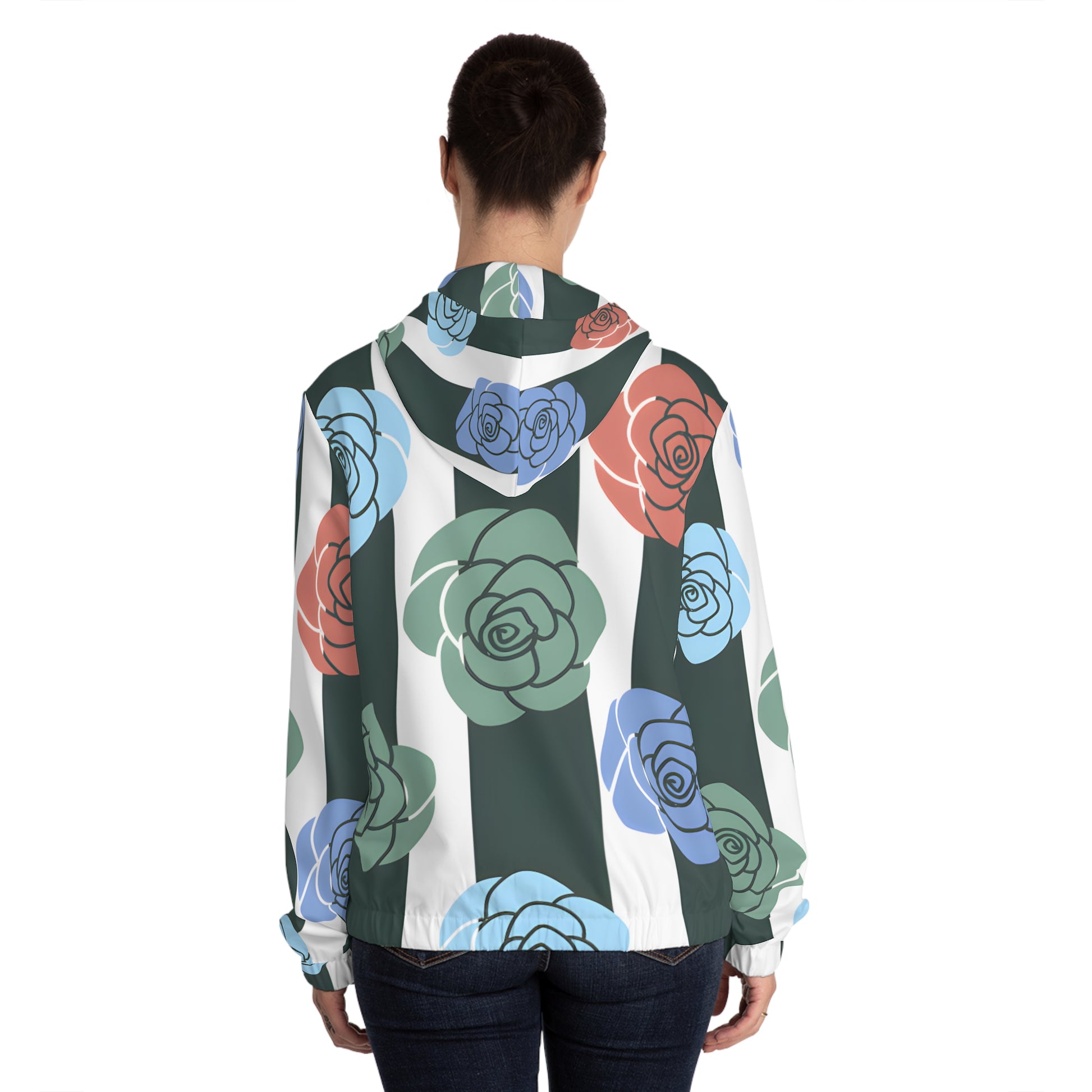 Stripes x Roses Black and White Women’s Full-Zip Hoodie (AOP), Artsulli - Art is Long, Life is Short, All Over Prints, , , , , , , 