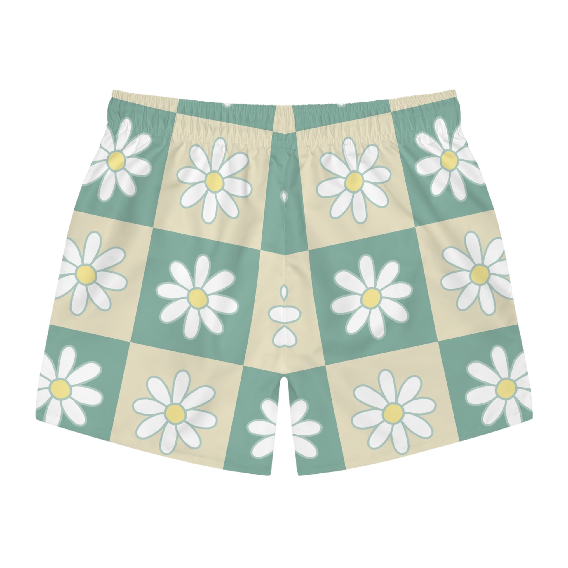 Retro Daisy Checkerboard Green and Tan Swim Trunks (AOP), Artsulli - Art is Long, Life is Short, All Over Prints, , , , , , , 