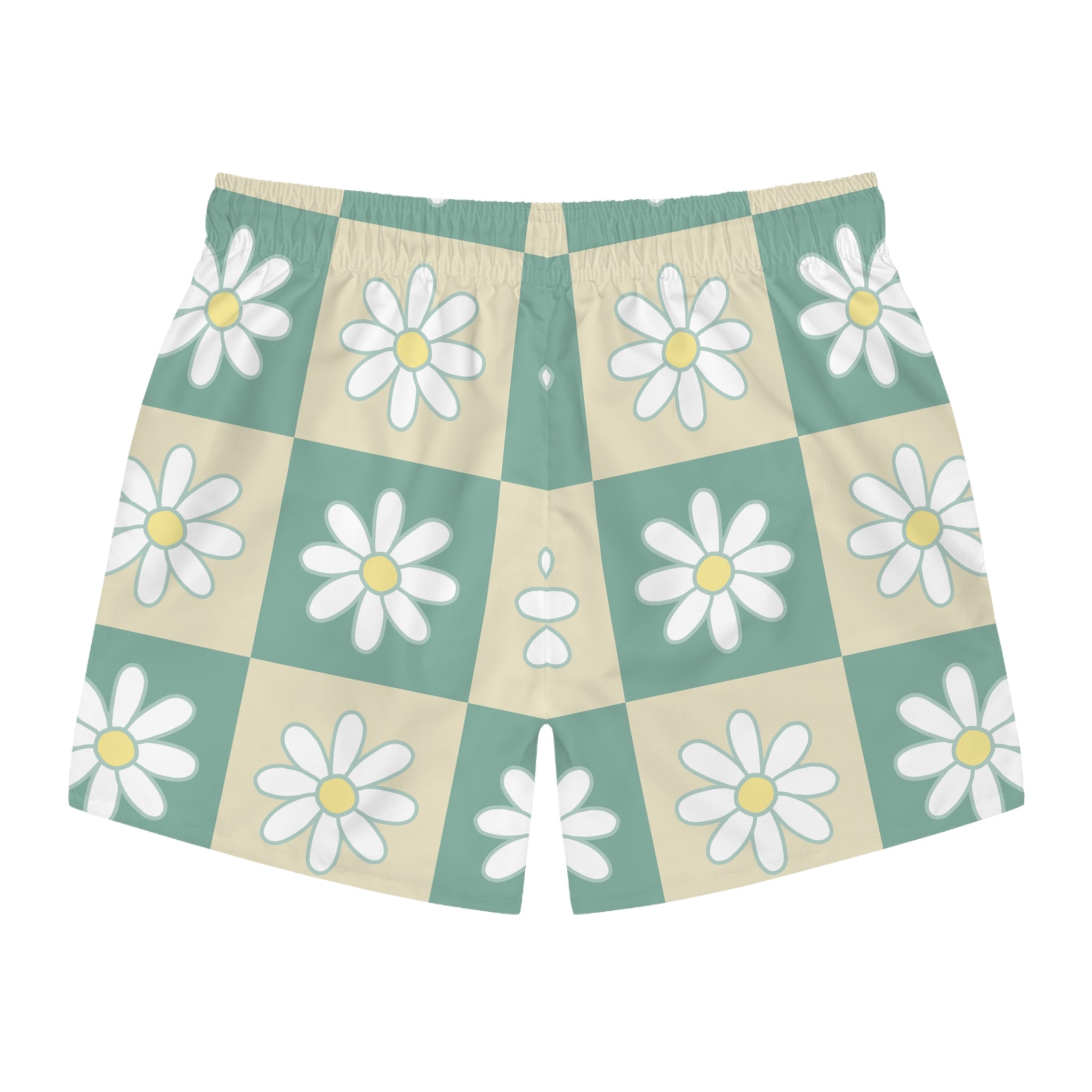 Retro Daisy Checkerboard Green and Tan Swim Trunks (AOP), Artsulli - Art is Long, Life is Short, All Over Prints, , , , , , , 