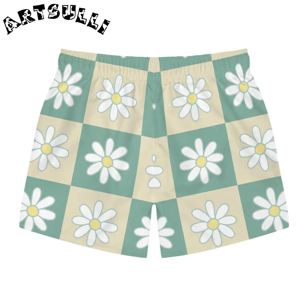 JAKKOUTTHEBXX Retro Daisy Checkerboard Green and Tan Swim Trunks
