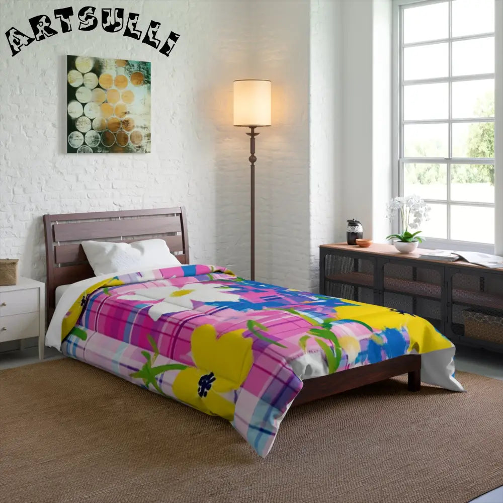 JAKKOUTTHEBXX Plaid Garden Pink and Purple Comforter JAKKOUTTHEBXX