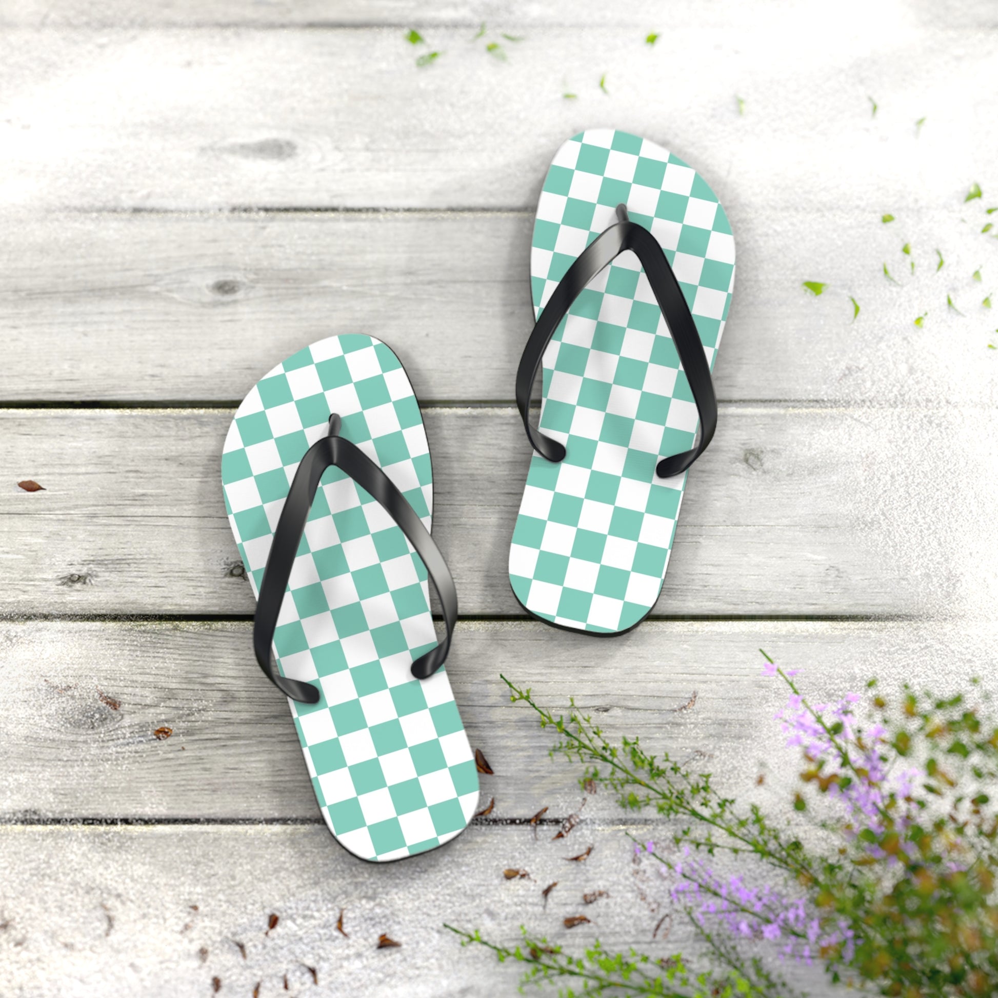 Checkerboard Light Green Flip Flops, Artsulli - Art is Long, Life is Short, Shoes, , , , , , , 