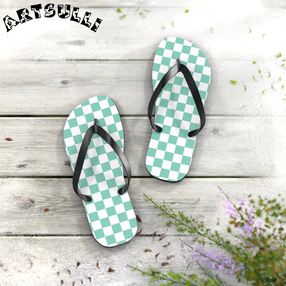 JAKKOUTTHEBXX Checkerboard Light Green Flip Flops JAKKOUTTHEBXX