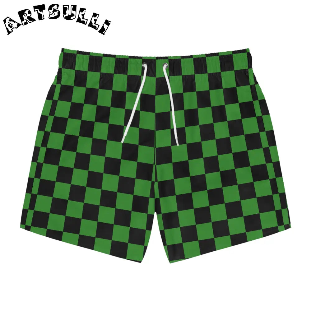 JAKKOUTTHEBXX Checkerboard Green and Black Swim Trunks (AOP)