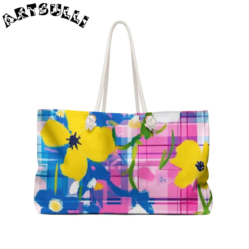 JAKKOUTTHEBXX Plaid Garden Pink and Purple Weekender Bag
