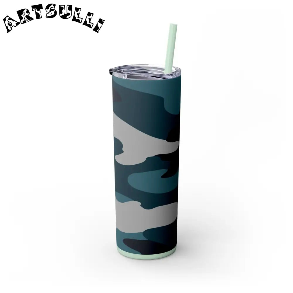 JAKKOUTTHEBXX Blue Camouflage Skinny Tumbler with Straw 20oz