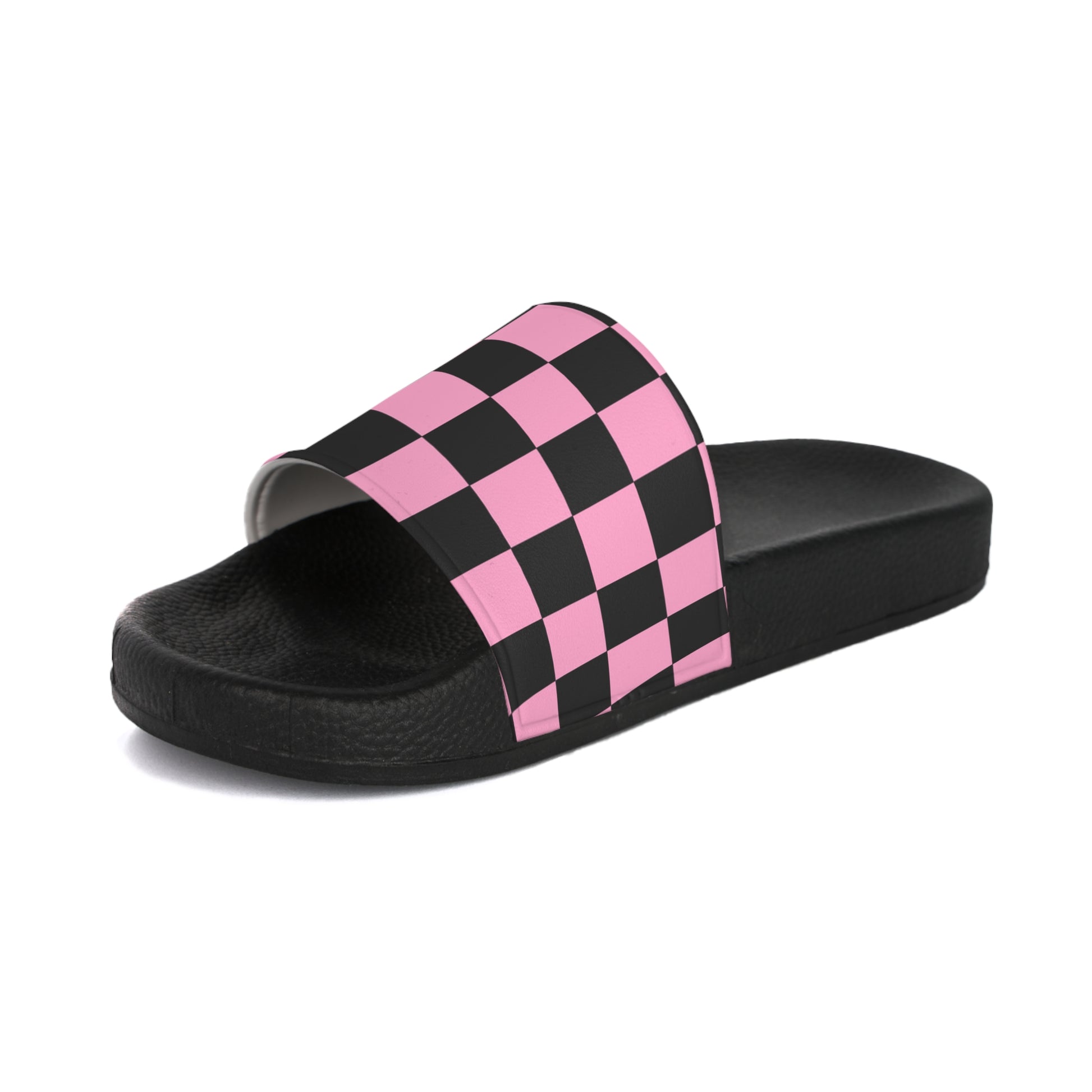 Checkerboard Black and Pink Women's Slide Sandals, Artsulli - Art is Long, Life is Short, Shoes, , , , , , , 