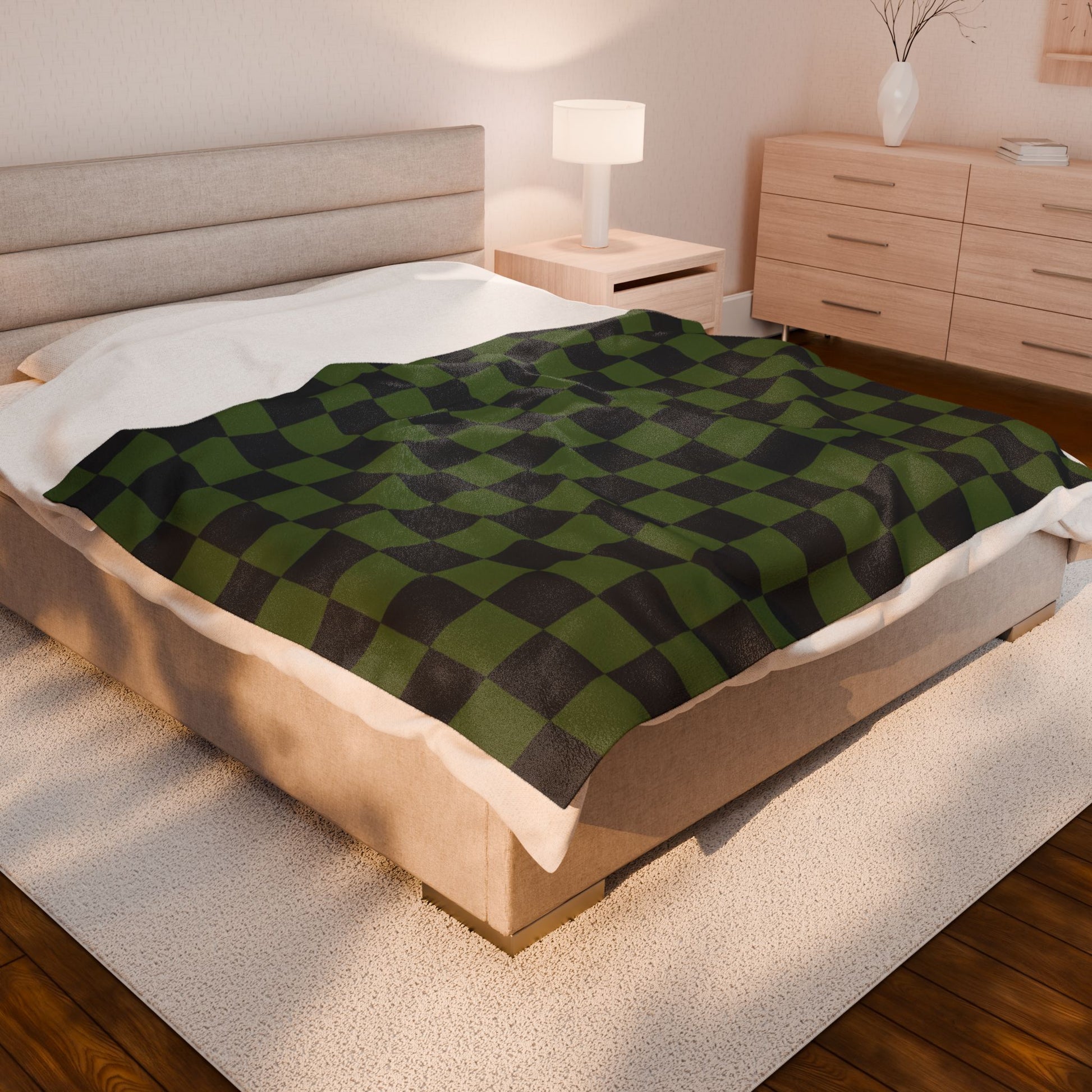 Checkerboard Olive Green and Black Velveteen Plush Blanket, Artsulli - Art is Long, Life is Short, All Over Prints, , , , , , , 