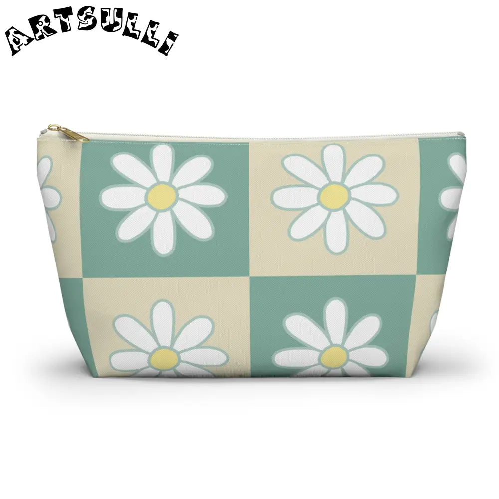JAKKOUTTHEBXX Retro Daisy Checkerboard Green and Tan Accessory Pouch