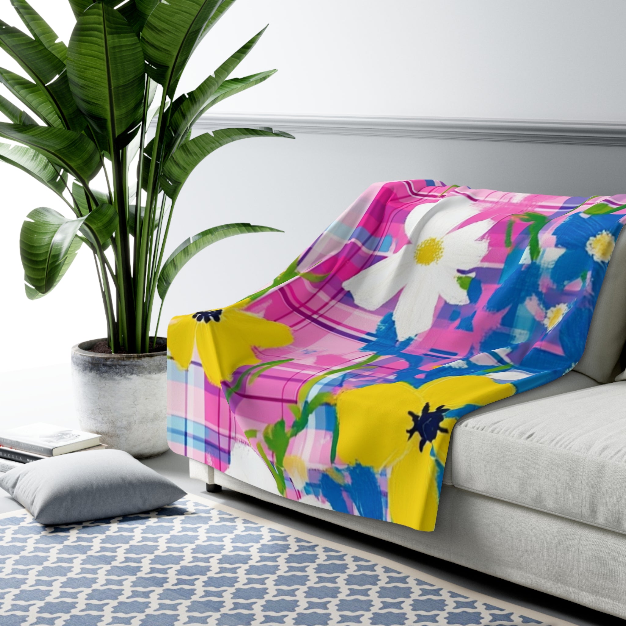 Plaid Garden Pink and Blue Sherpa Fleece Blanket, Artsulli - Art is Long, Life is Short, Home Decor, , , , , , , 