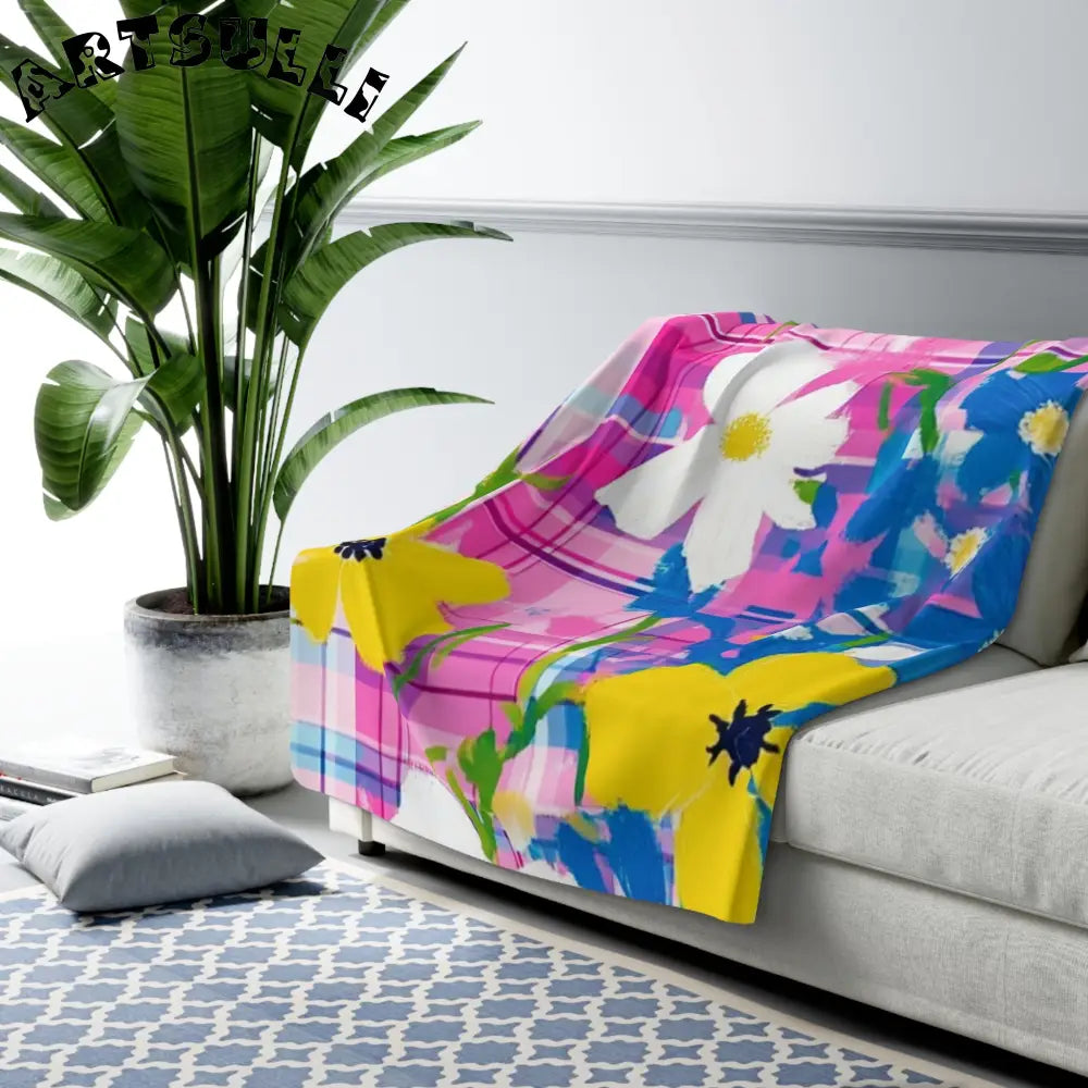JAKKOUTTHEBXX Plaid Garden Pink and Blue Sherpa Fleece Blanket