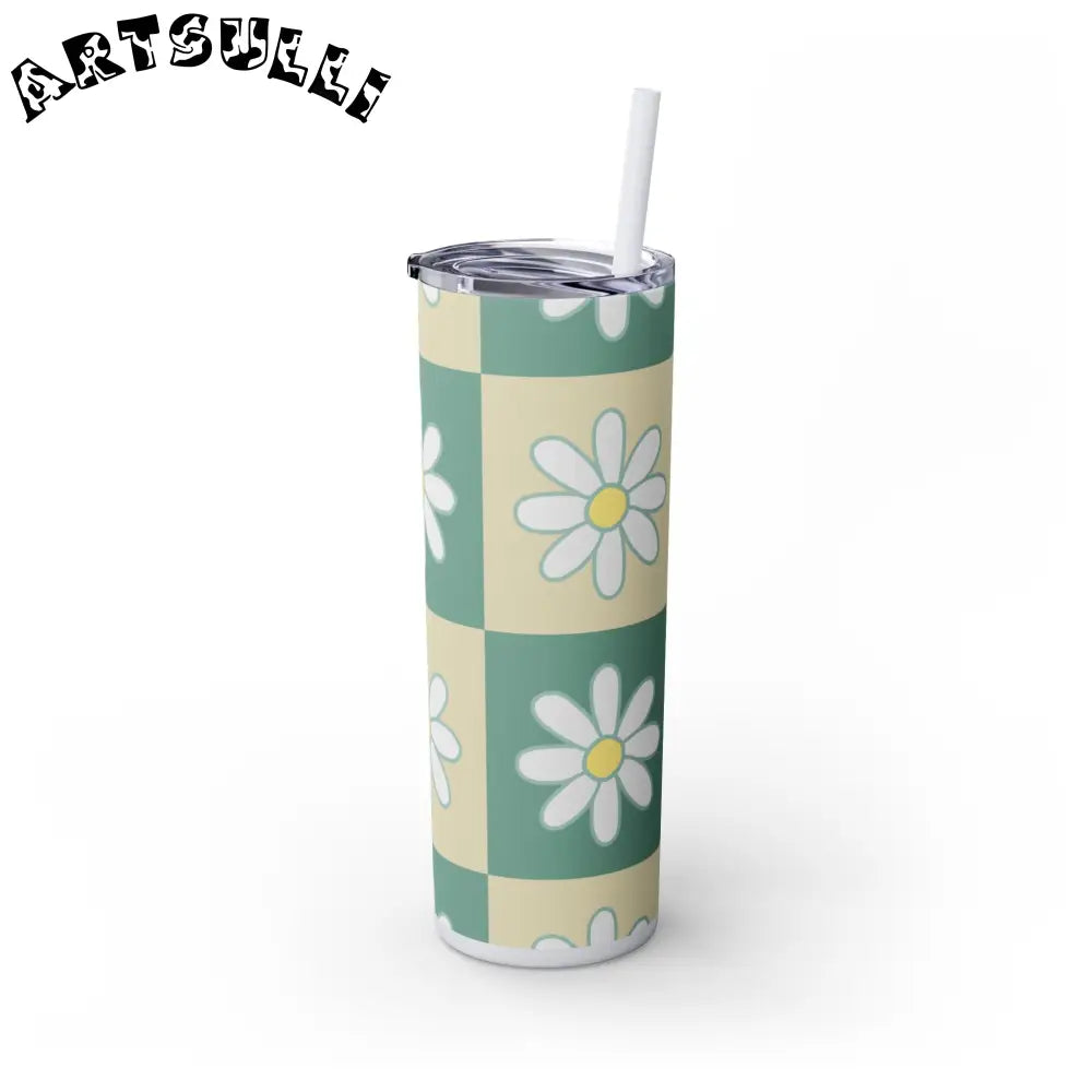 JAKKOUTTHEBXX Retro Daisy Checkerboard Green and Tan Skinny Tumbler