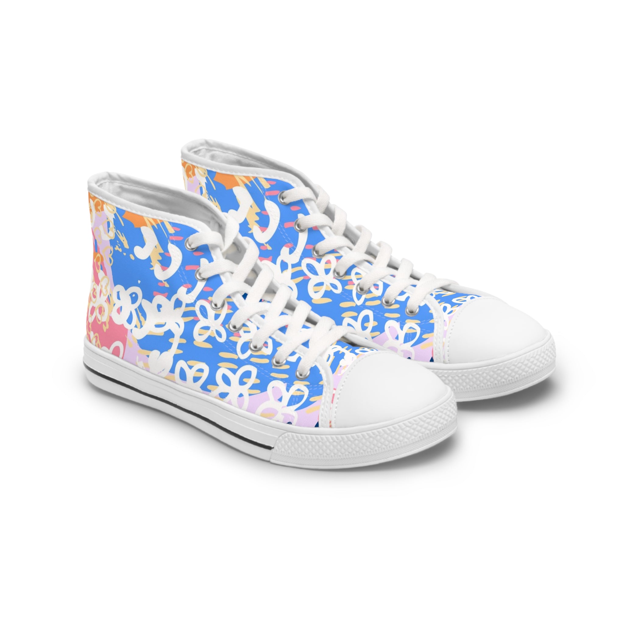 Flowers x Doodles x Hearts Pink and Blue Women's High Top Sneakers, Artsulli - Art is Long, Life is Short, Shoes, Size, US 5.5, Color, White sole, , , 88198466243605471476