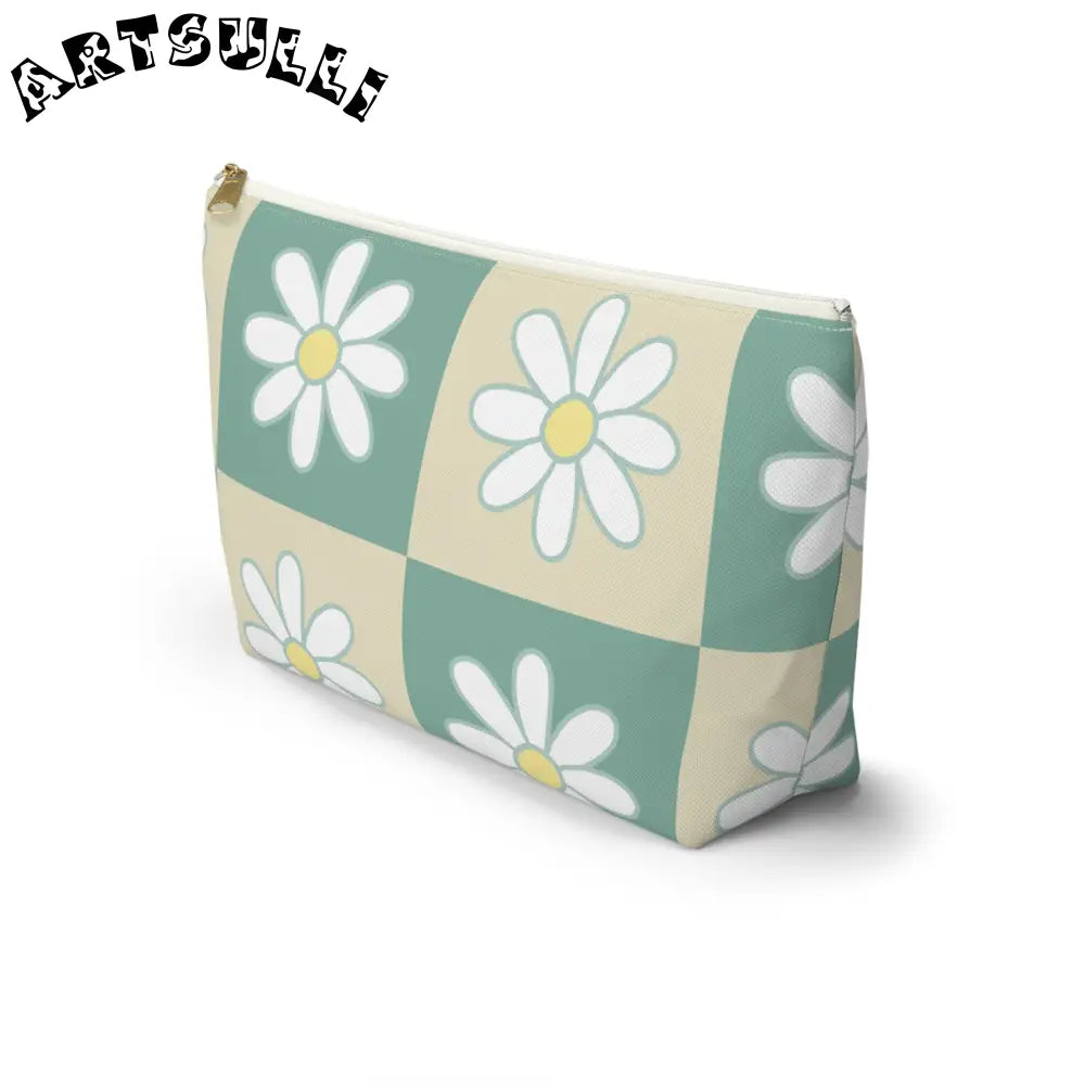 JAKKOUTTHEBXX Retro Daisy Checkerboard Green and Tan Accessory Pouch