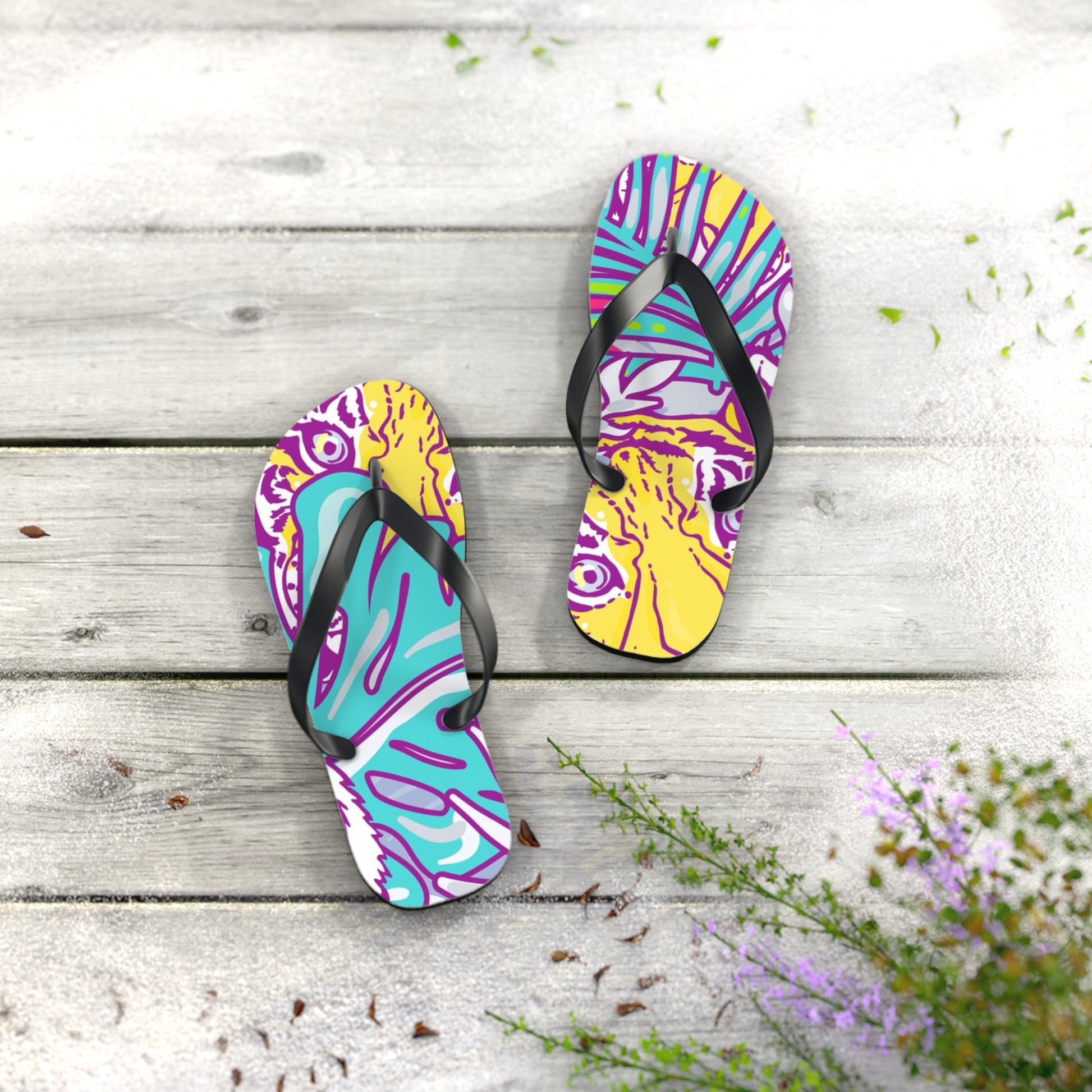 Tropical Floral Tigers Torquise and Purple Flip Flops, Artsulli - Art is Long, Life is Short, Shoes, , , , , , , 