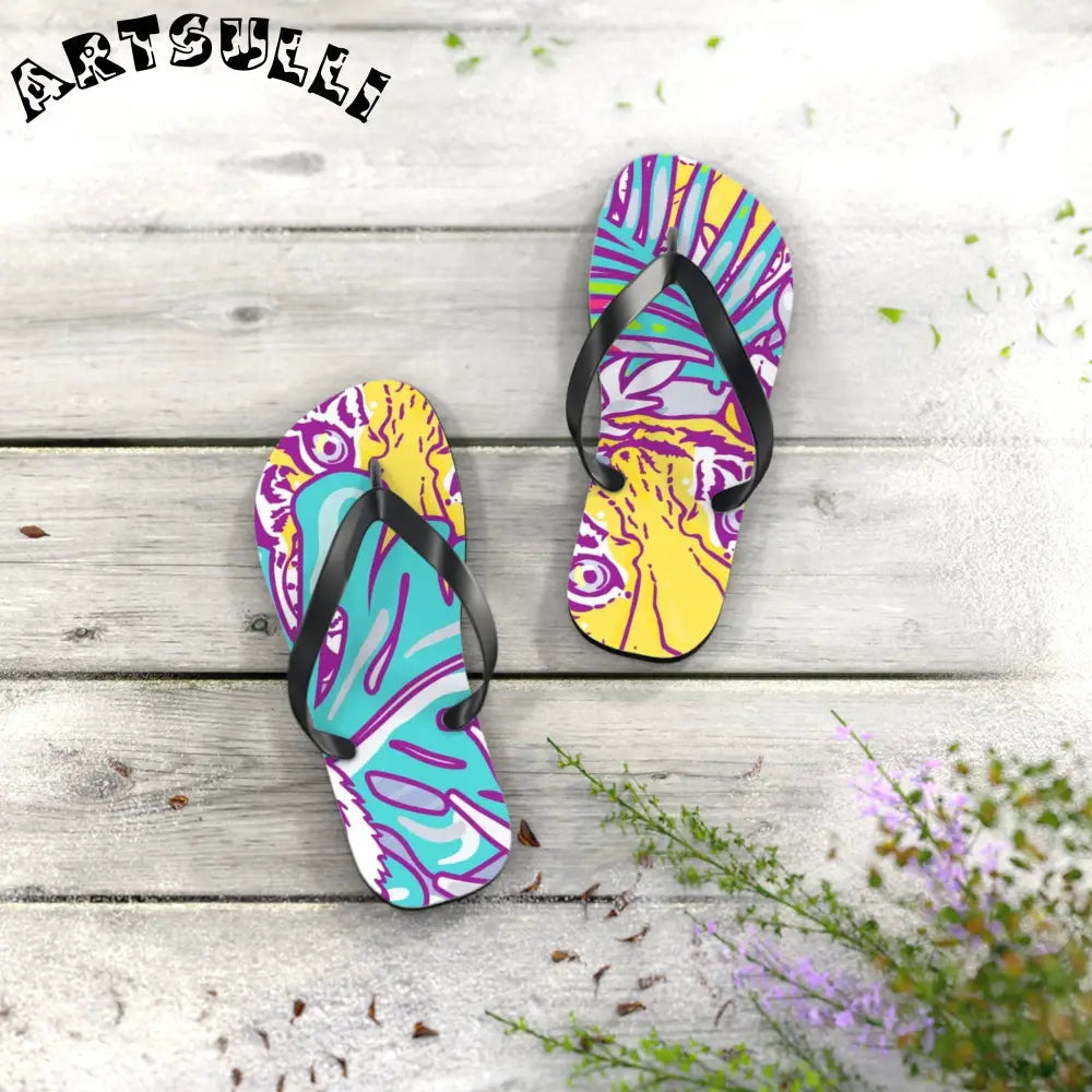 JAKKOUTTHEBXX Tropical Floral Tigers Torquise and Purple Flip Flops