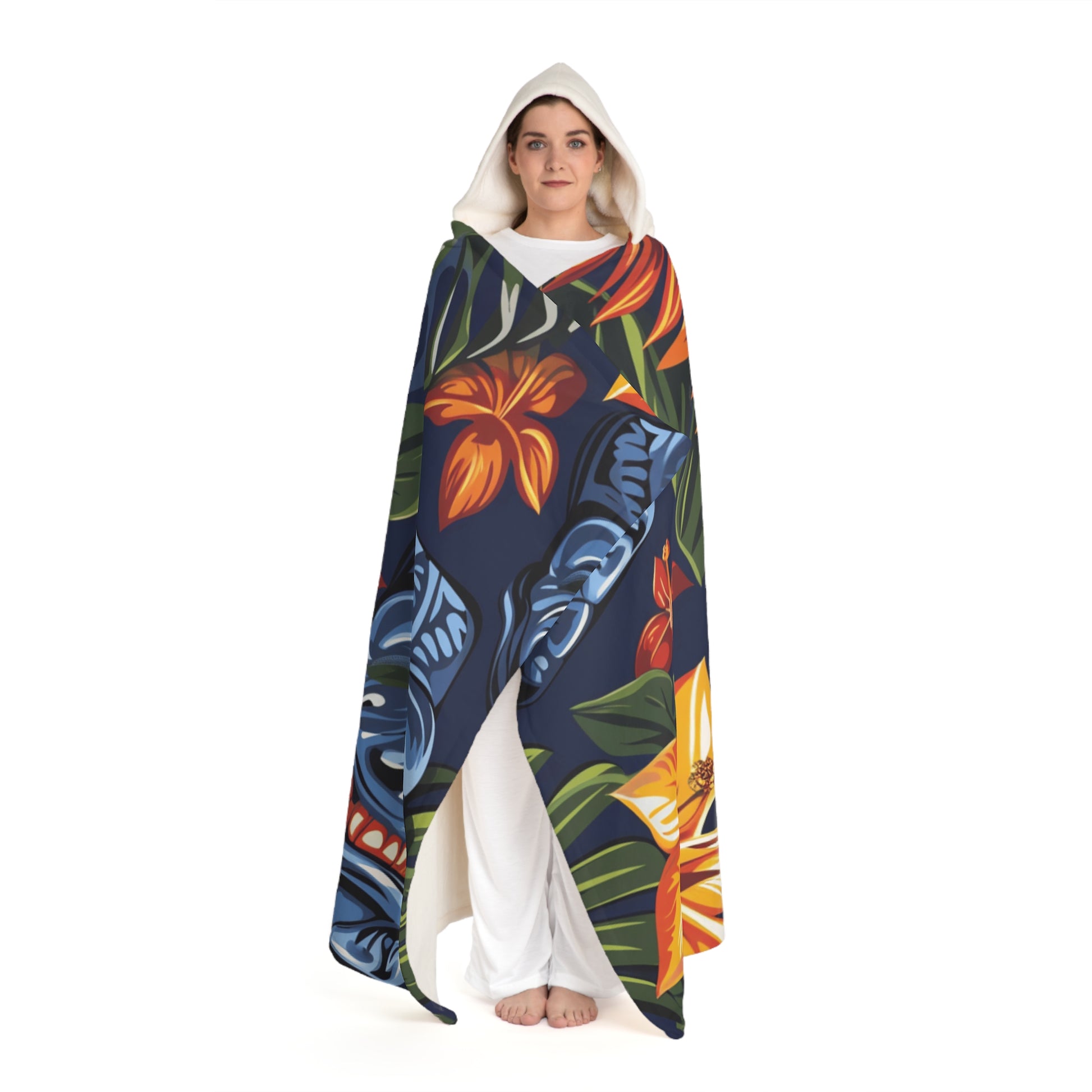 Tiki Bloom Navy Hooded Sherpa Fleece Blanket, Artsulli - Art is Long, Life is Short, All Over Prints, , , , , , , 