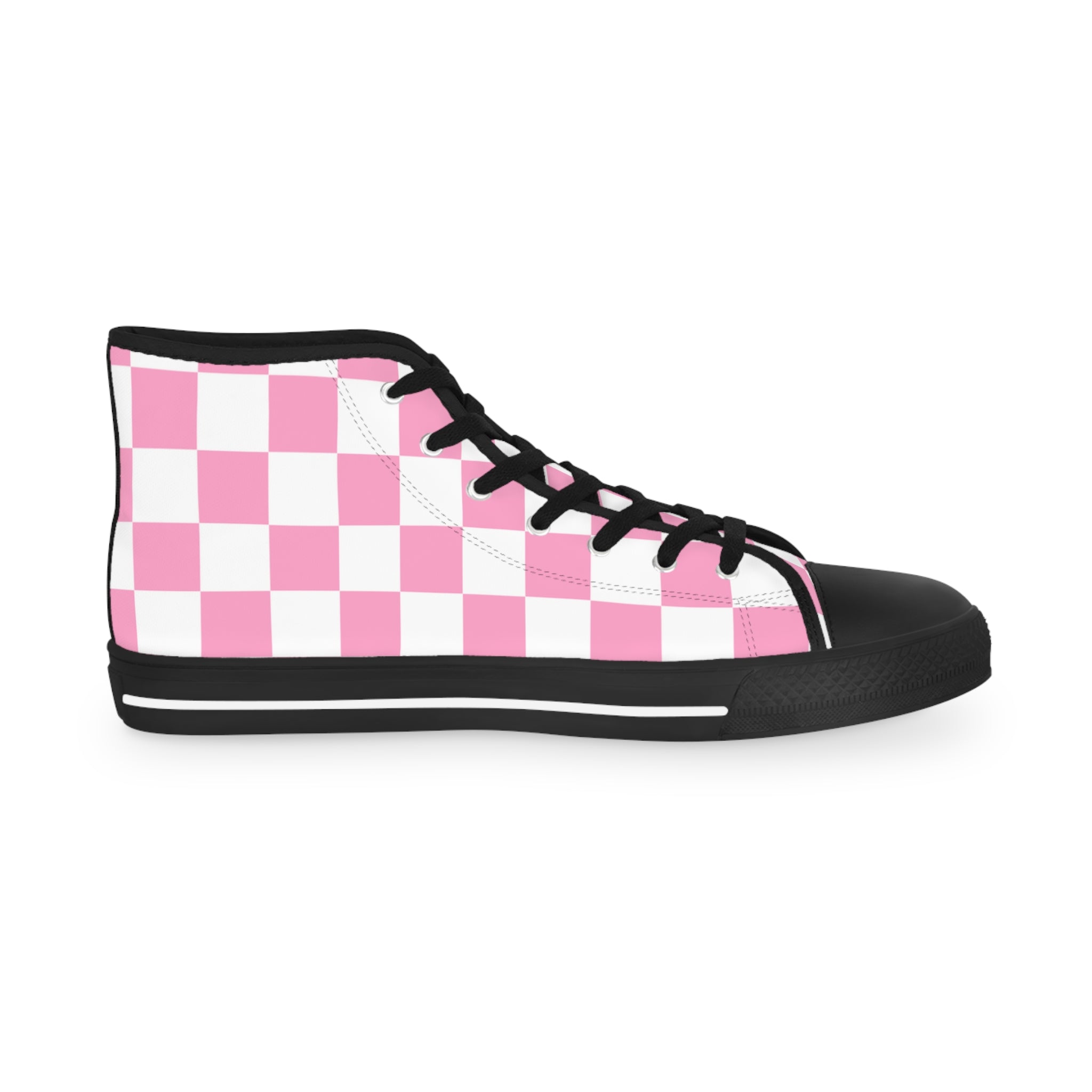 Checkerboard Hot Pink and White Men's High Top Sneakers, Artsulli - Art is Long, Life is Short, Shoes, , , , , , , 