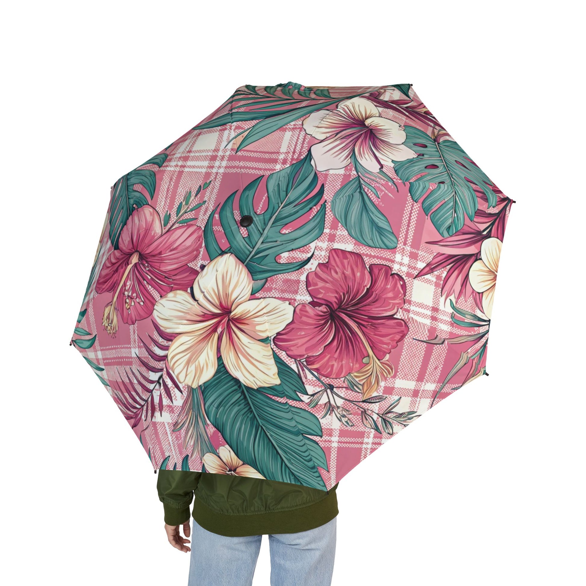 Plaid x Floral Burgundy and Green Semi-Automatic Foldable Umbrella, Artsulli - Art is Long, Life is Short, Accessories, , , , , , , 