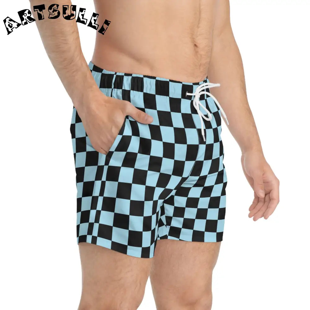 JAKKOUTTHEBXX Checkerboard Black and Blue Swim Trunks (AOP)