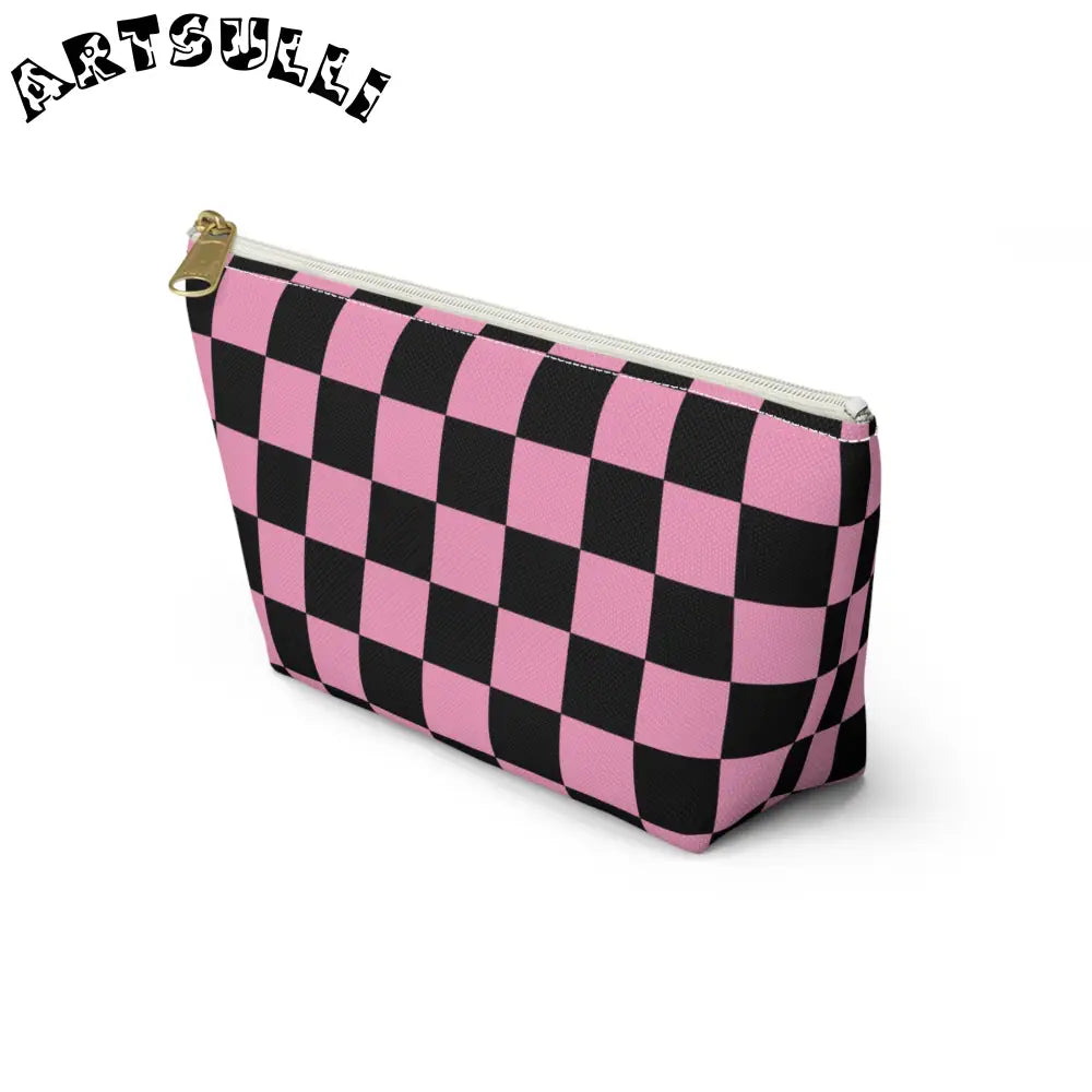 JAKKOUTTHEBXX Checkerboard Black and Pink Accessory Pouch w T-bottom