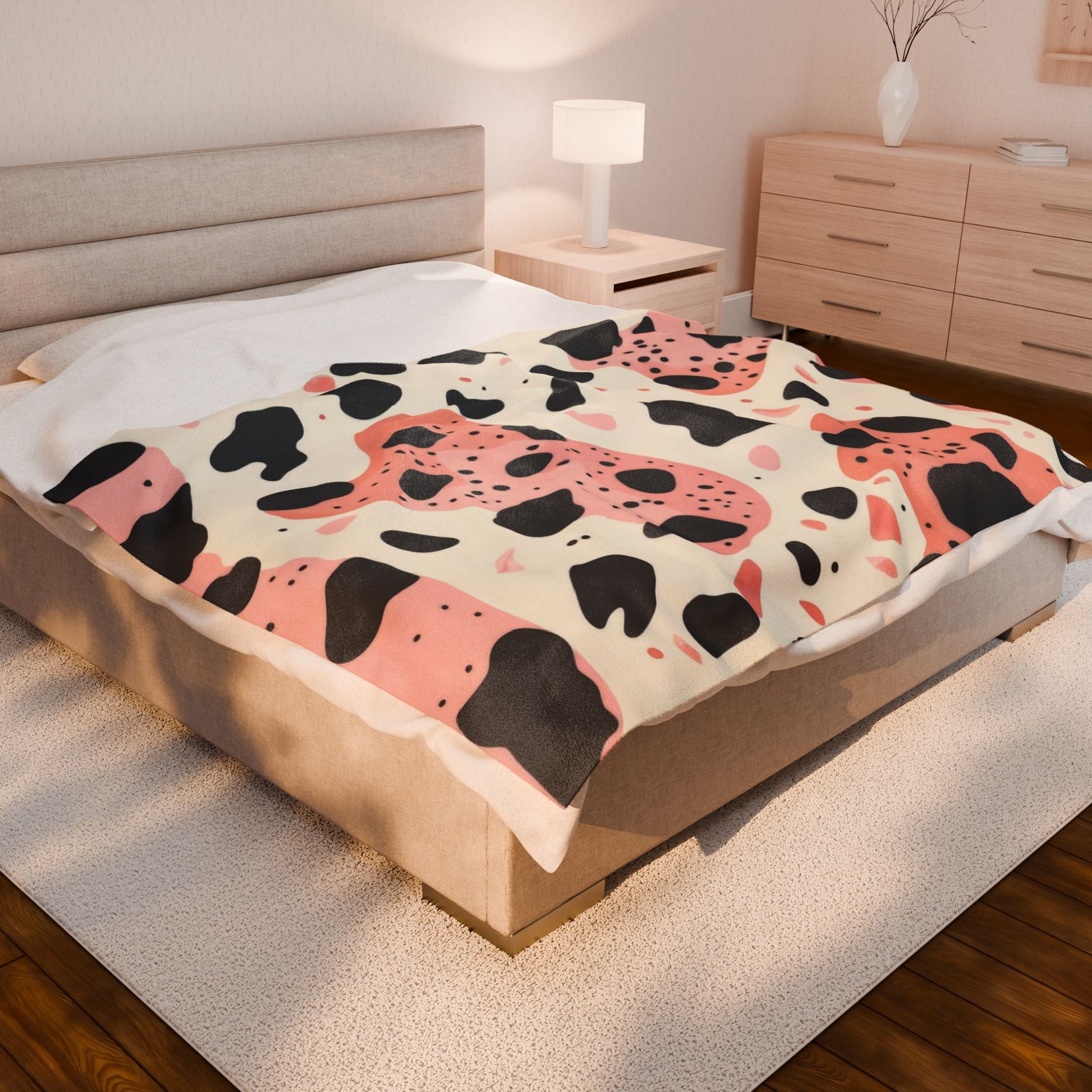 Organic Cow Print Cream and Pink Velveteen Plush Blanket, Artsulli - Art is Long, Life is Short, All Over Prints, , , , , , , 