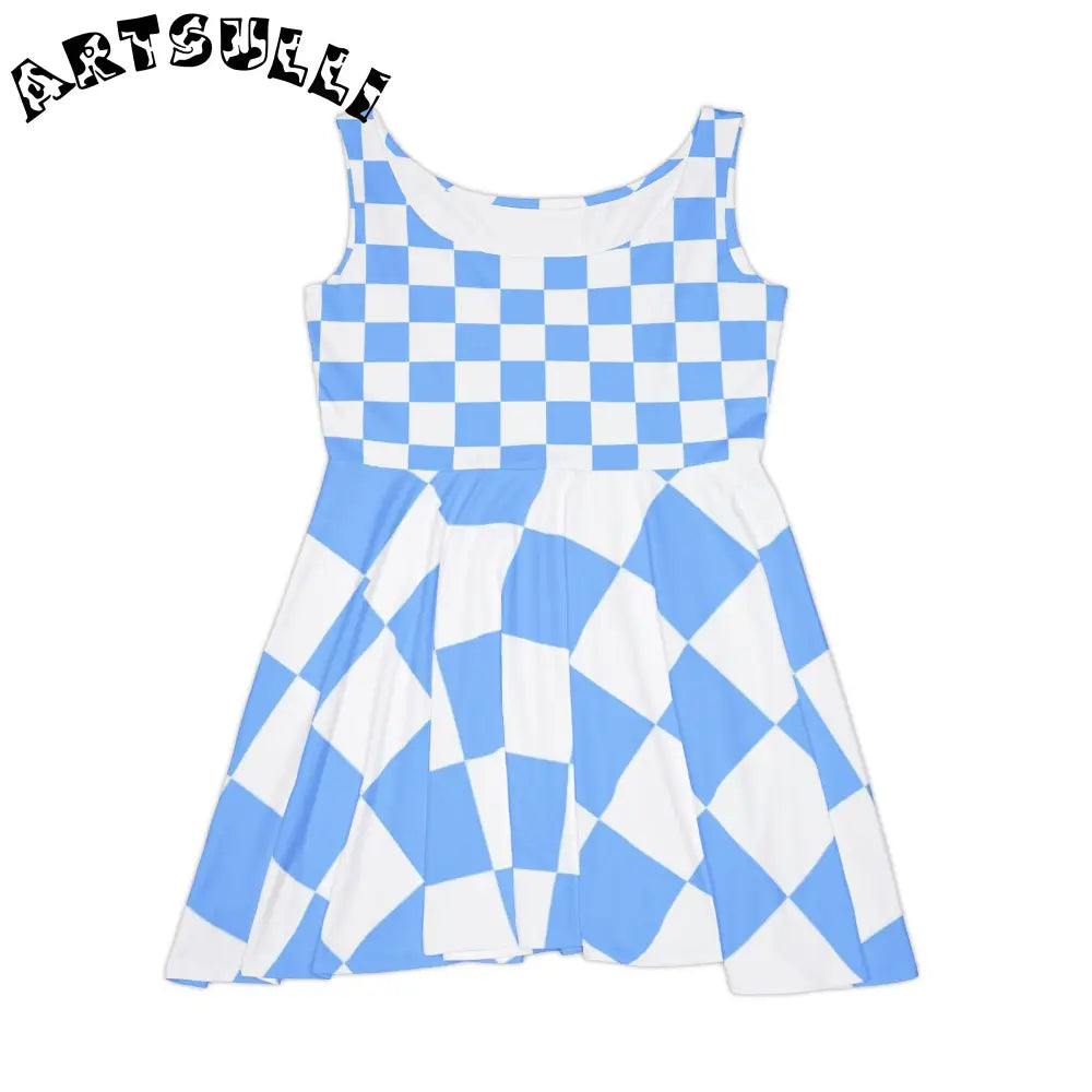 JAKKOUTTHEBXX Checkerboard White and Light Blue Women’s Skater Dress