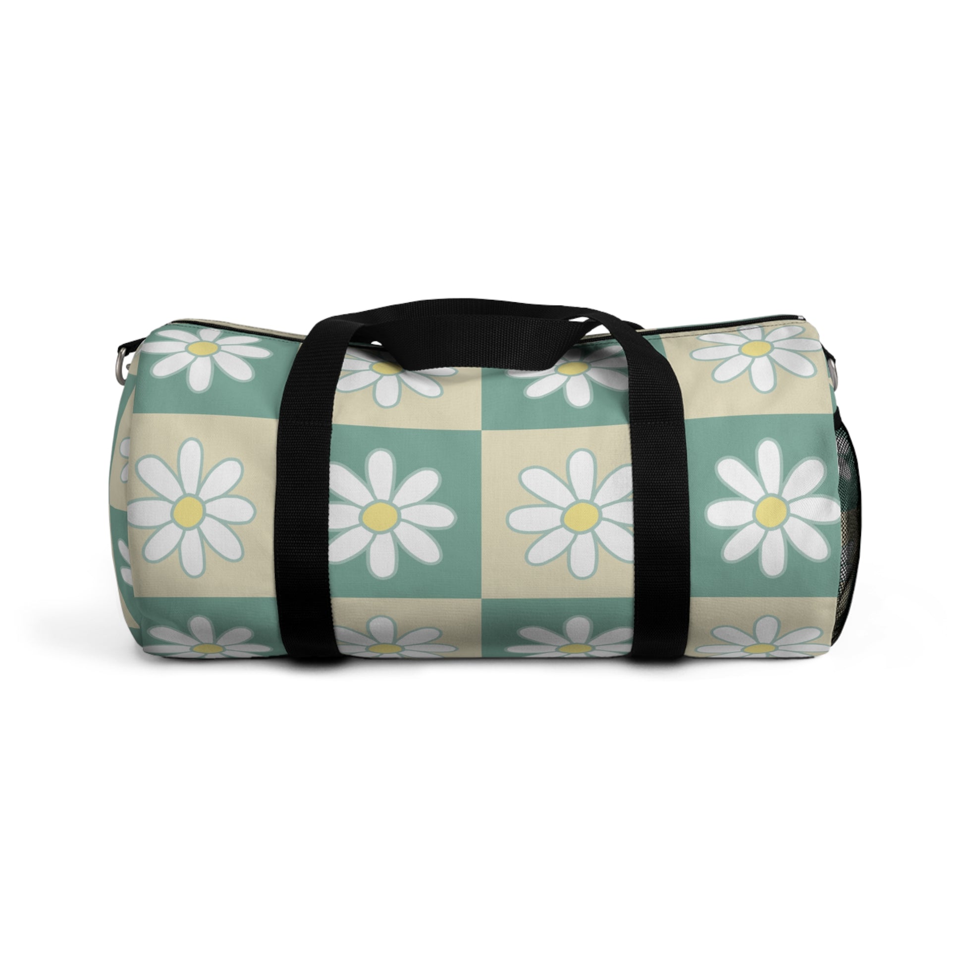 Retro Daisy Checkerboard Green and Tan Duffel Bag, Artsulli - Art is Long, Life is Short, Bags, Size, Small, , , , , 20707412711962660676