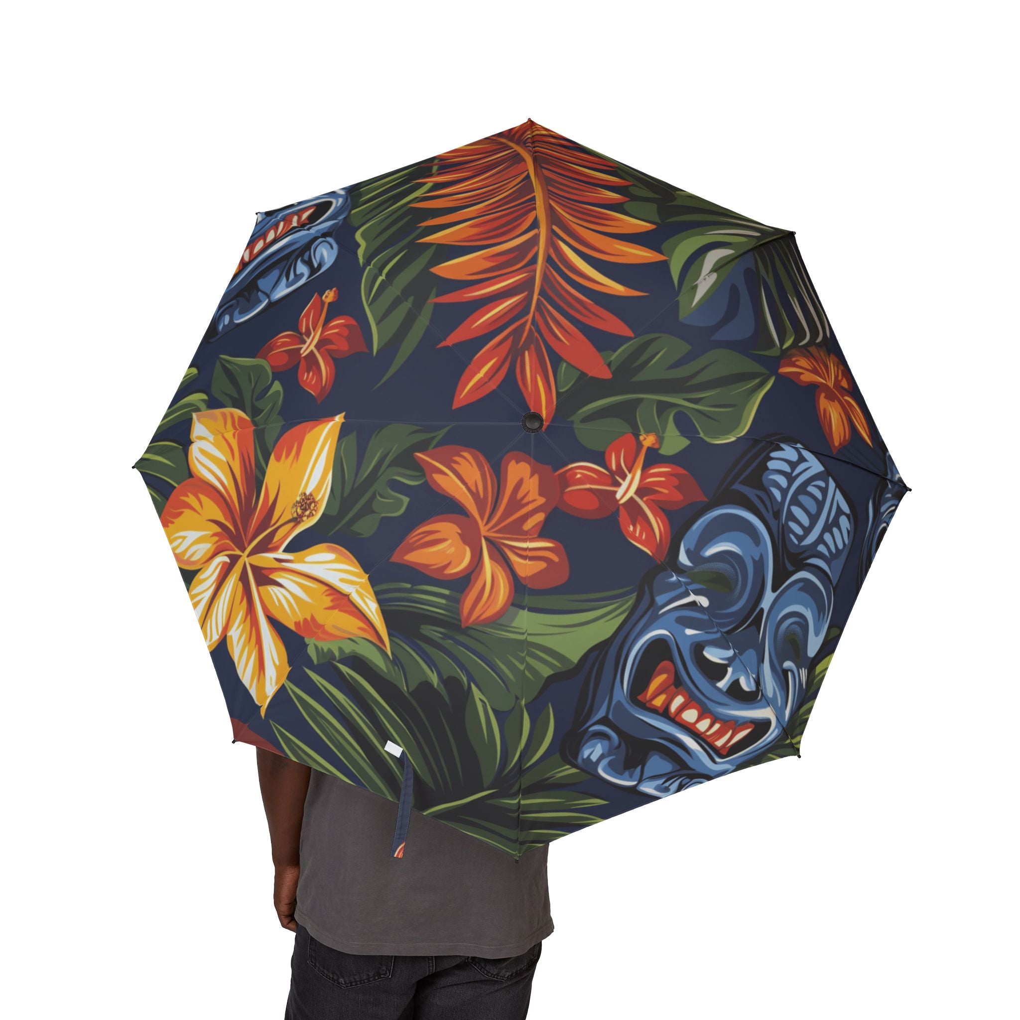Tiki Bloom Navy Semi-Automatic Foldable Umbrella, Artsulli - Art is Long, Life is Short, Accessories, , , , , , , 