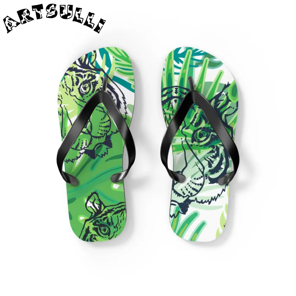JAKKOUTTHEBXX Tropical Jungle Tigers Green Flip Flops JAKKOUTTHEBXX