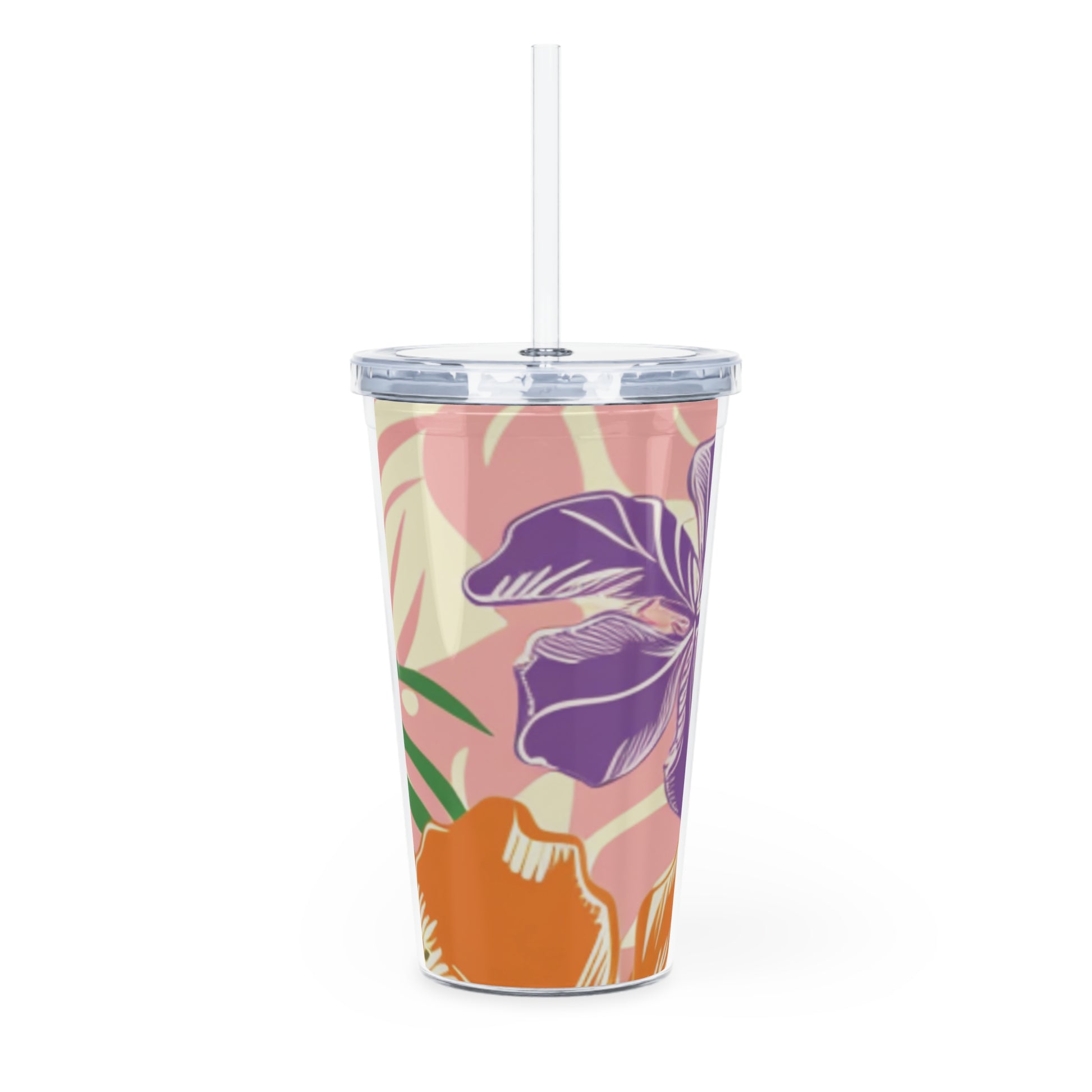 Blooming Tropical Flowers Plastic Tumbler with Straw, Artsulli - Art is Long, Life is Short, Mug, , , , , , , 