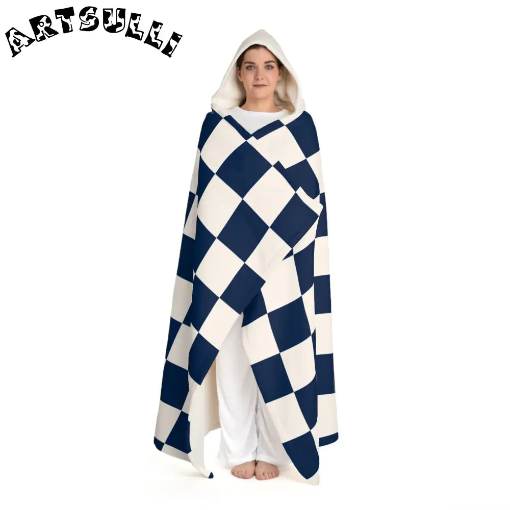 JAKKOUTTHEBXX Checkerboard White and Navy Blue Hooded Sherpa Fleece