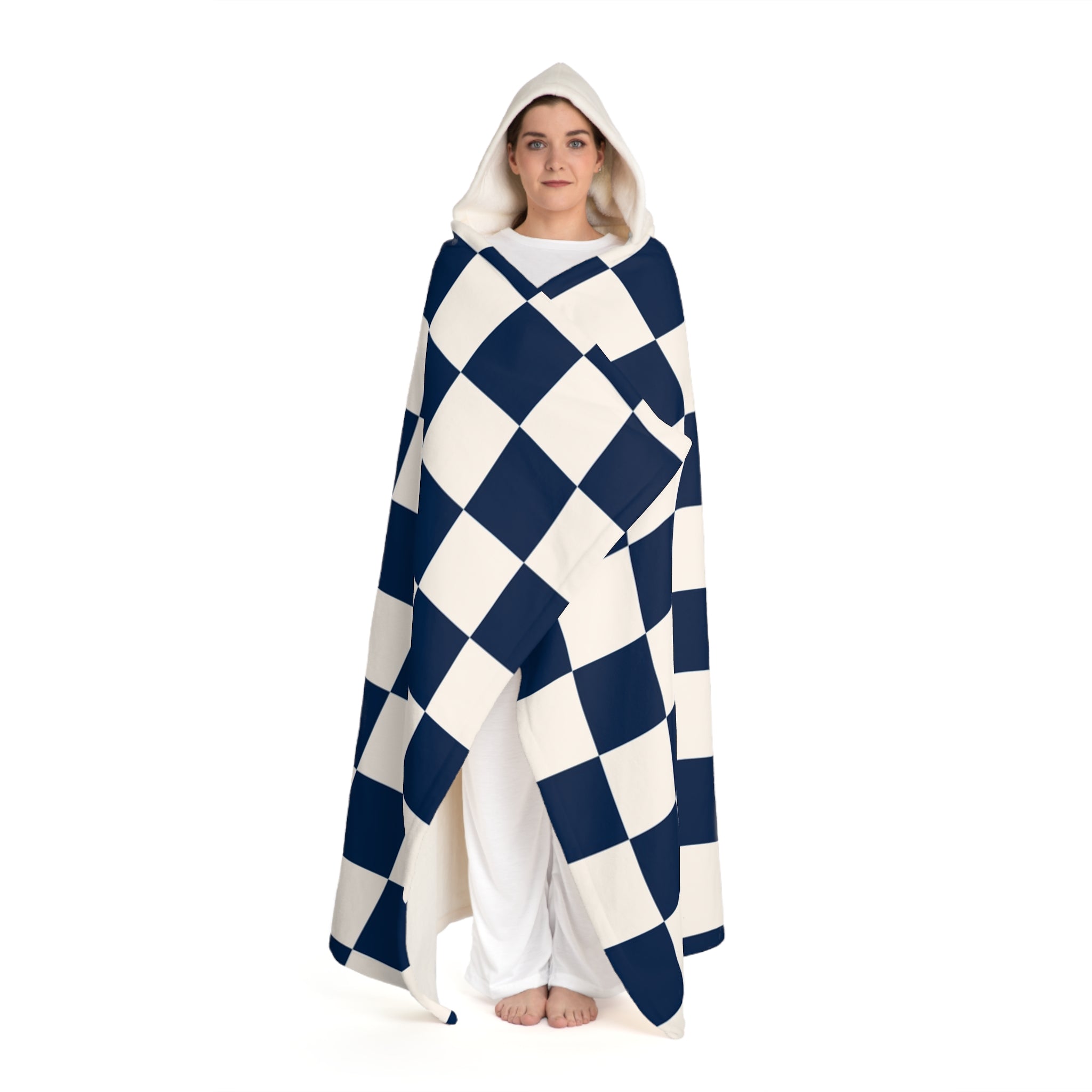 Checkerboard White and Navy Blue Hooded Sherpa Fleece Blanket, Artsulli - Art is Long, Life is Short, All Over Prints, , , , , , , 