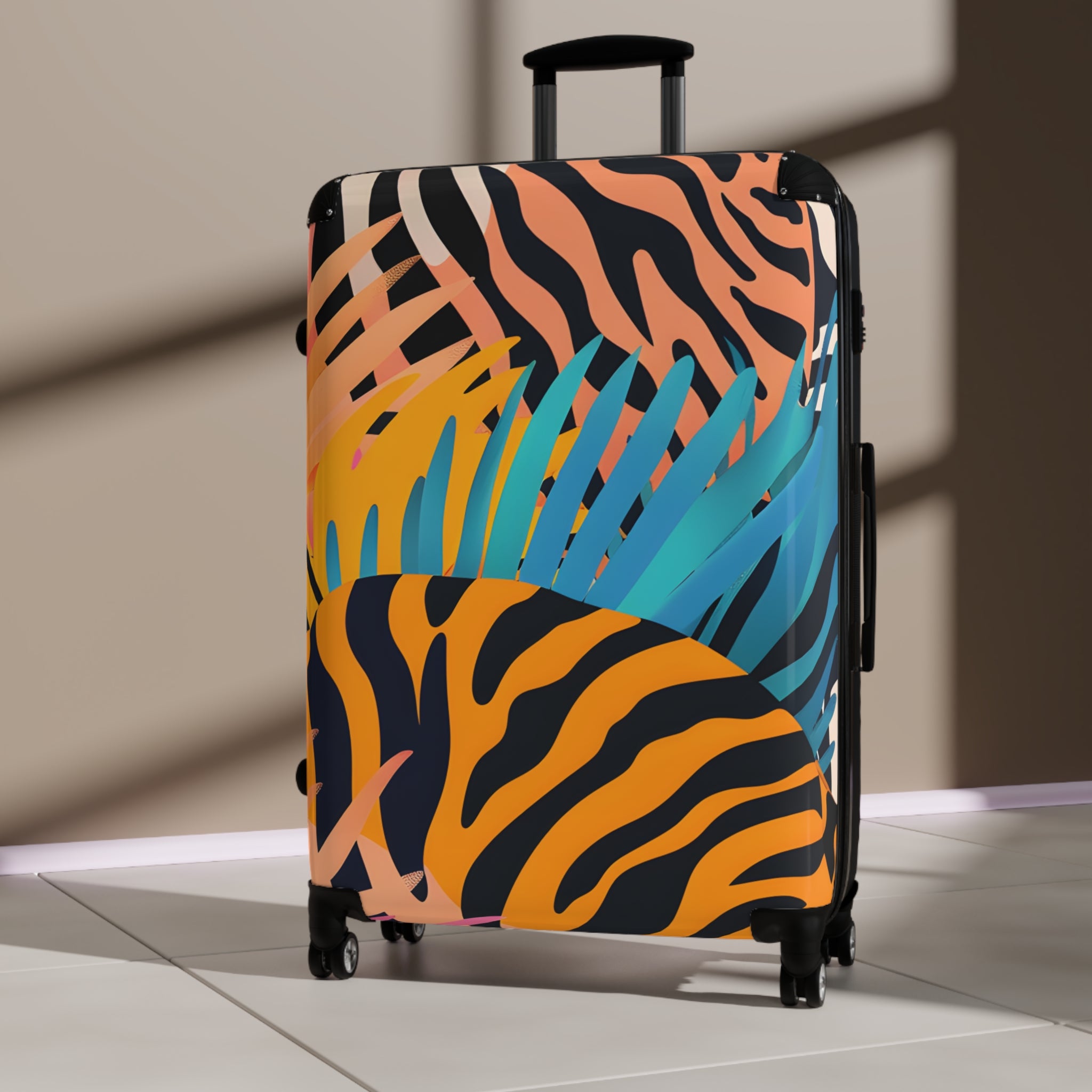 Palm Leaves x Zebra Stripes x Tiger Stripes Orange and Blue Suitcase, Artsulli - Art is Long, Life is Short, Bags, , , , , , , 