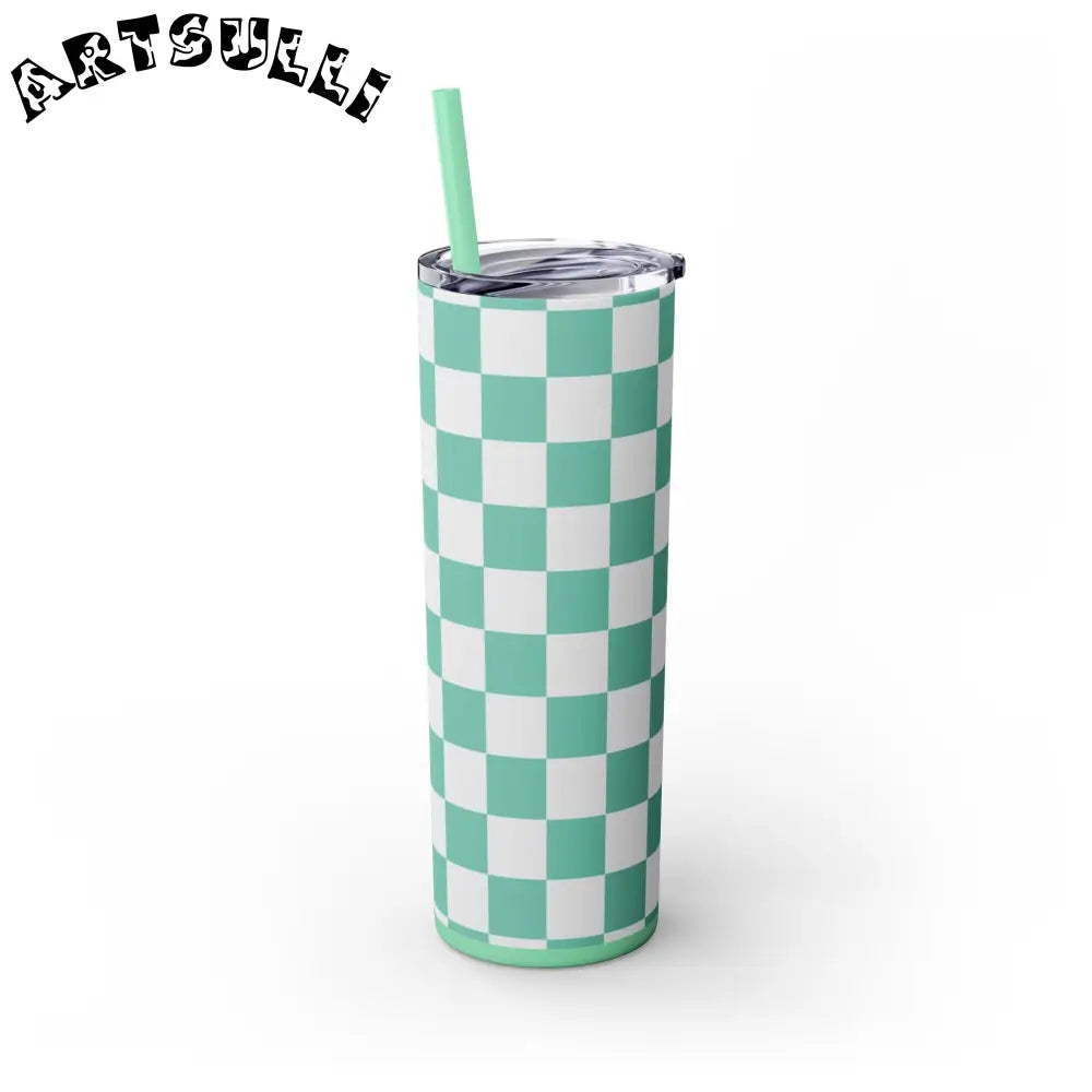 JAKKOUTTHEBXX Checkerboard Light Green Skinny Tumbler with Straw