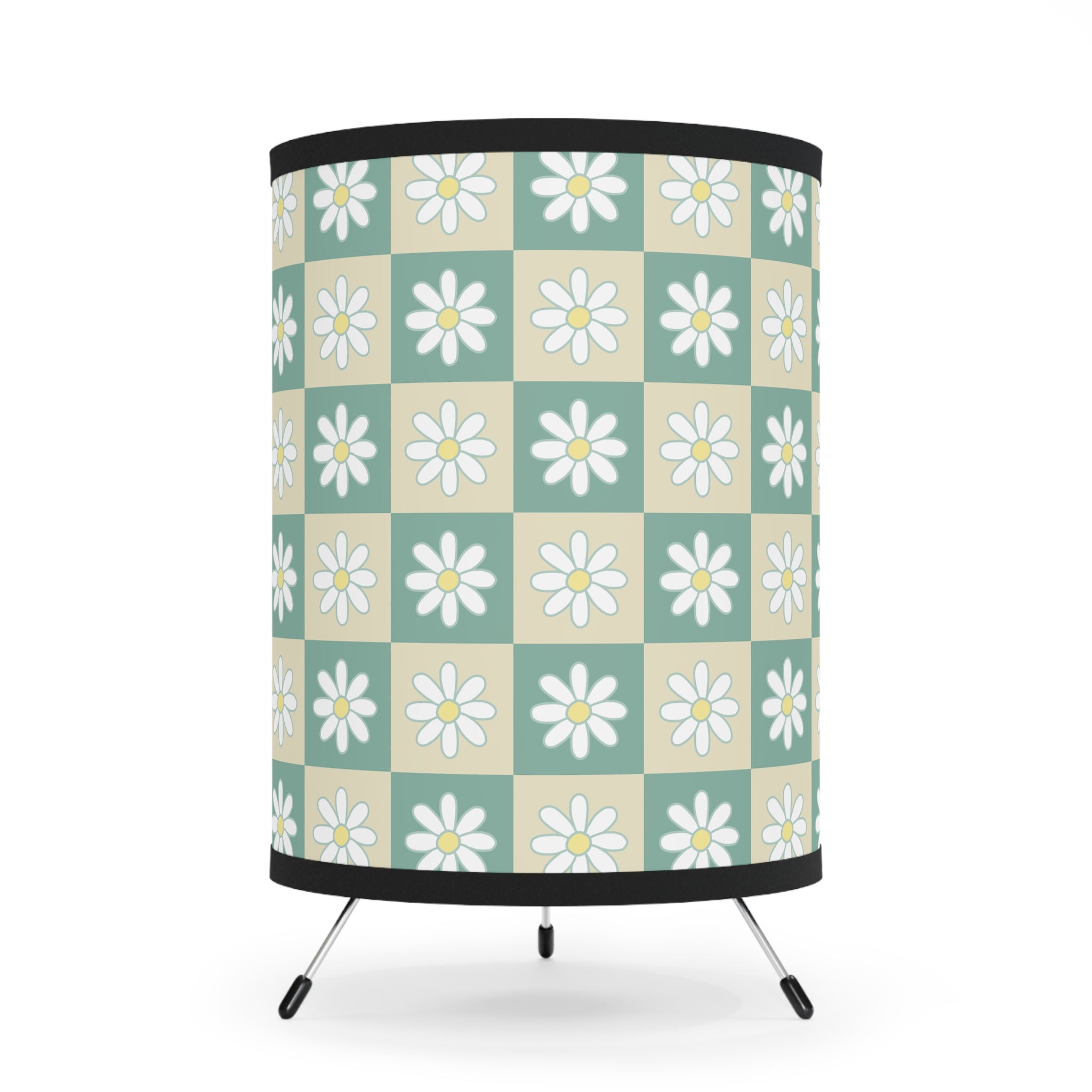 Retro Daisy Checkerboard Green and Tan Tripod Lamp with High-Res Printed Shade, US\CA plug, Artsulli - Art is Long, Life is Short, Home Decor, Size, One size, Color, Black, , , 31325722442155399780