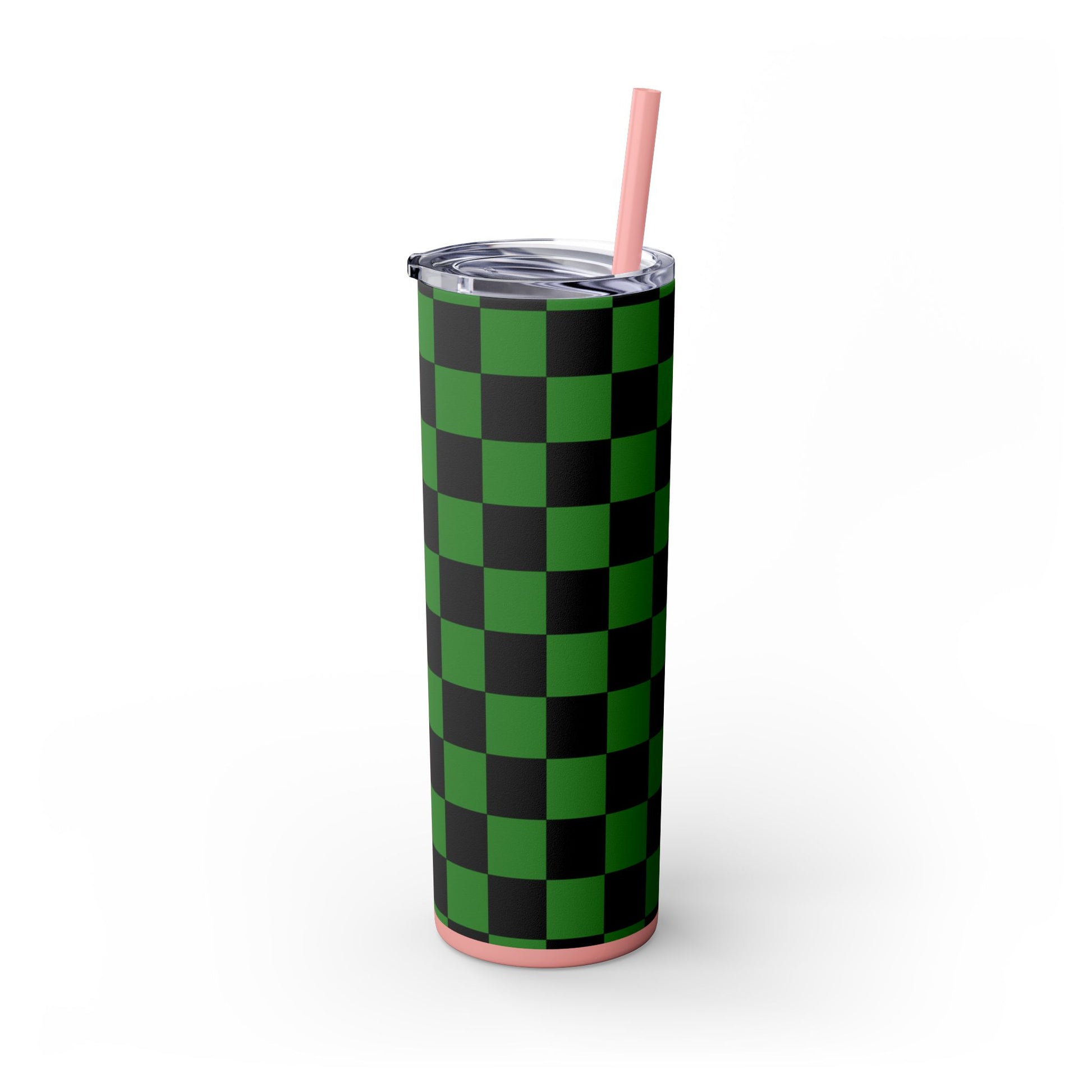 Checkerboard Green and Black Skinny Tumbler with Straw, 20oz, Artsulli - Art is Long, Life is Short, Mug, , , , , , , 